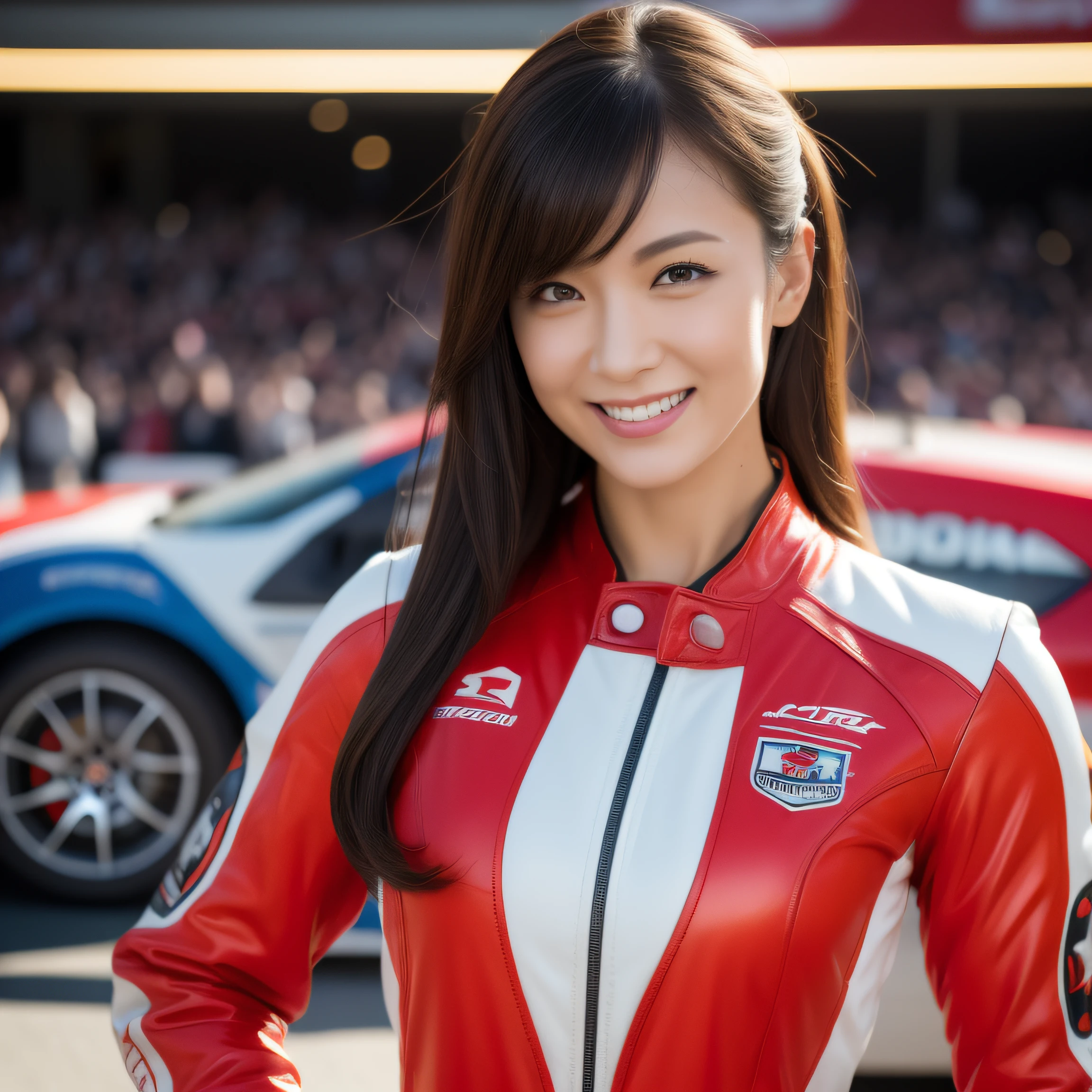 8K, masterpiece, best quality, photo realistic, ultra-detailed, 1 girl, Asian, athletic body, realistic skin texture, (breasts:1.0), (smile:1.0), gaze at viewer, (form fitting red car racing suit with yellow trims), (no helmet), movie lighting, face focus, fine eyes, detailed face, well lit face, day light, red and white racing cars in background