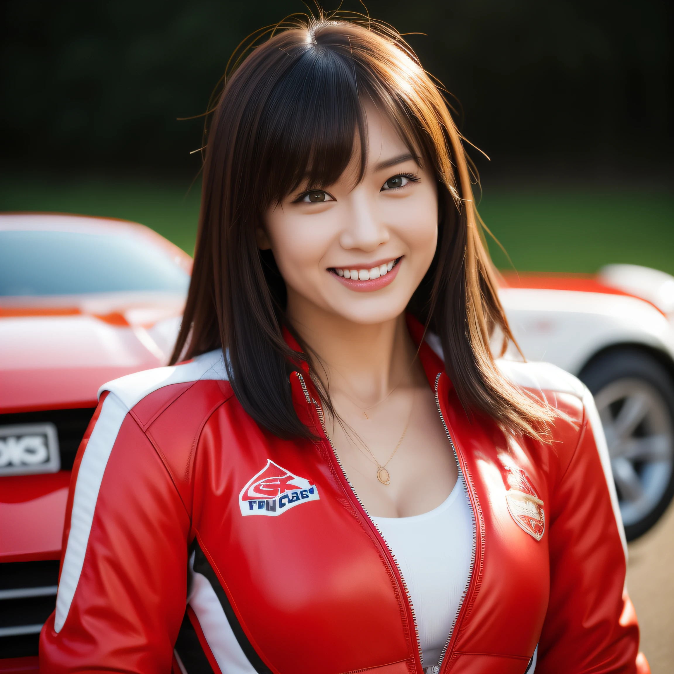 8K, masterpiece, best quality, photo realistic, ultra-detailed, 1 girl, Asian, athletic body, realistic skin texture, (breasts:1.0), (smile:1.0), gaze at viewer, (form fitting red car racing suit with yellow trims), (no helmet), movie lighting, face focus, fine eyes, detailed face, well lit face, day light, red and white racing cars in background