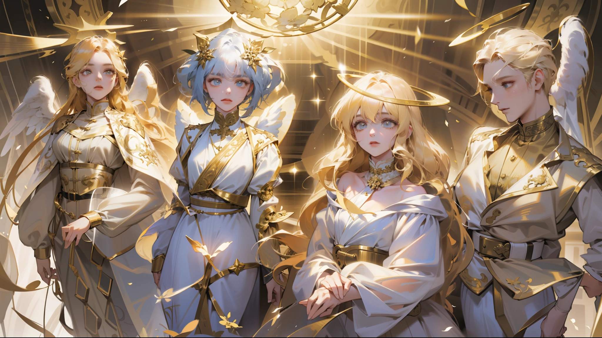 Four Angels。Circle of Angels。Beautiful fece。Luxury clothes。White costume。Golden hair color。Deities。exalted。hight resolution、Ultra-precise face。extremely detailed eye。fine portrayal。・((accuracy：1.7))。Depiction of fine hair。Light from above。（（（Transparent eyes。Transparent atmosphere））））white backgrounid。