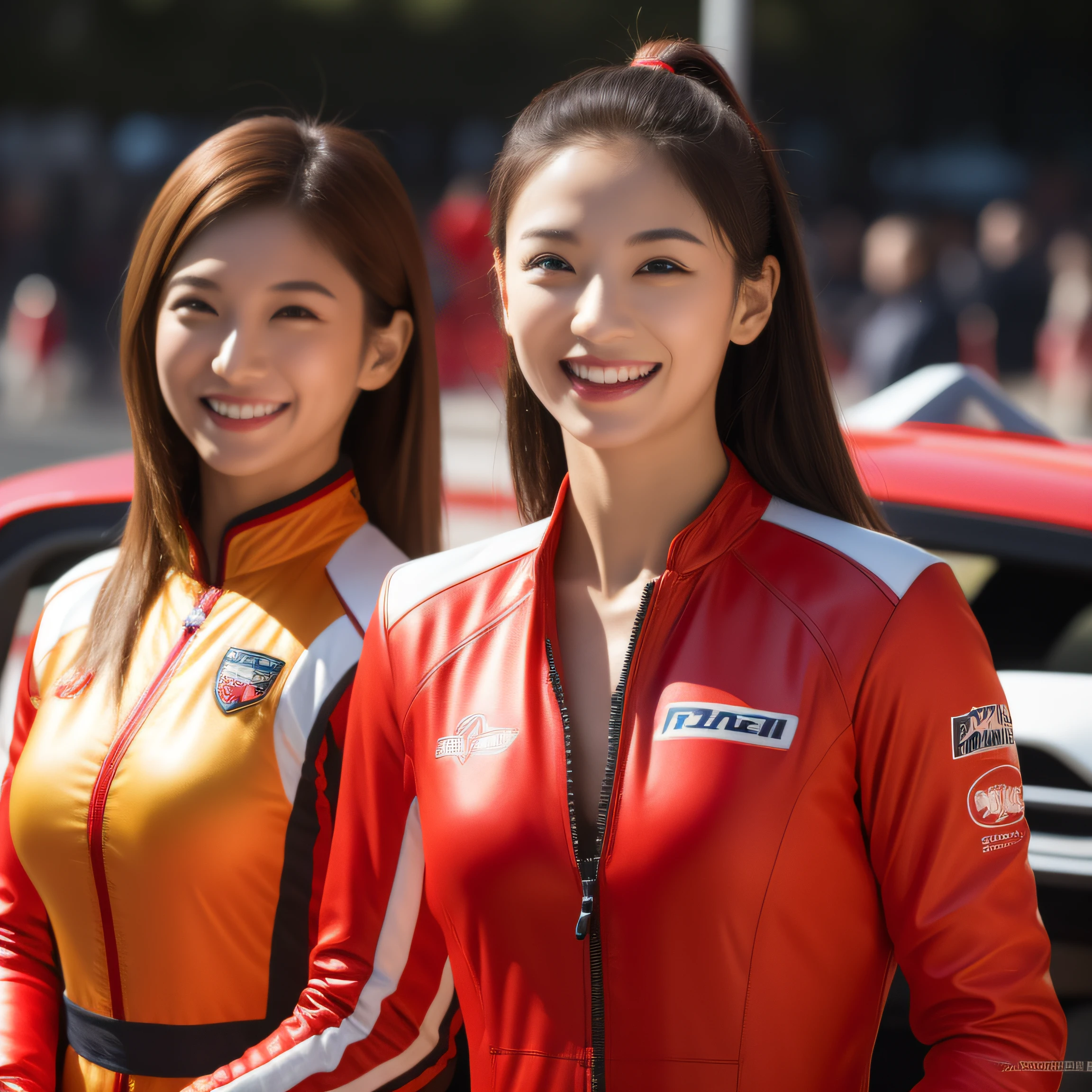 8K, masterpiece, best quality, photo realistic, ultra-detailed, 1 girl, Asian, athletic body, realistic skin texture, (breasts:1.0), (smile:1.0), gaze at viewer, (form fitting red car racing suit), (no helmet), movie lighting, face focus, fine eyes, detailed face, well lit face, day light, red and yellow racing cars in background