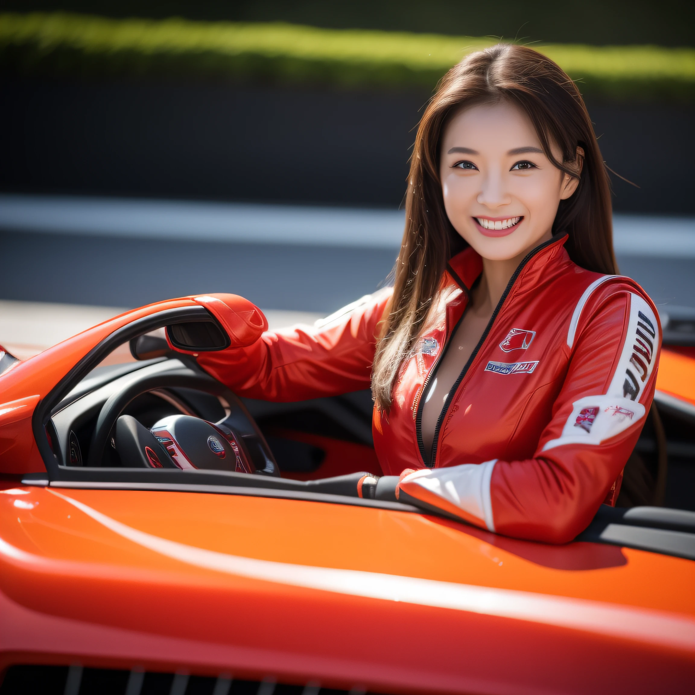 8K, masterpiece, best quality, photo realistic, ultra-detailed, 1 girl, Asian, athletic body, realistic skin texture, (breasts:1.0), (smile:1.0), gaze at viewer, (form fitting red car racing suit), (no helmet), movie lighting, face focus, fine eyes, detailed face, well lit face, day light, red and yellow racing cars in background