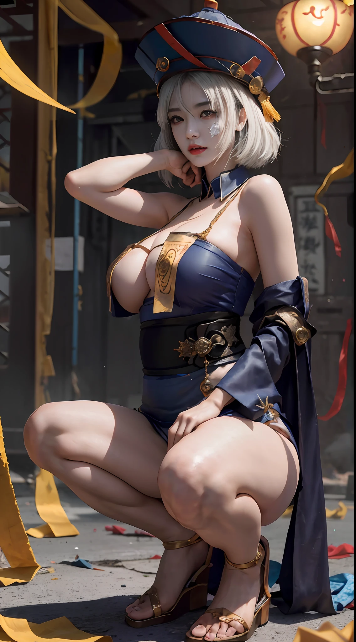 primitive, tmasterpiece, ultra fine photos, best qualtiy, 超高分辨率, realisticlying, rays of moonlight,the night,A beauty with short white hair,,Exquisite facial features,s the perfect face,Bigchest,huge-breasted,cleavage,Yellow rune paper was pasted on his face,A lot of Taoist talisman paper was pasted on his body,Qing Dynasty official hat,Female zombies,Hong Kong Lin Zhengying zombie movie character,paleskin,White skin of the,Oily skin,vampire tooth,stunningly beautiful, dynamicposes, delicated face, Abandoned warehouse background, Untidy, opulent, highdetailskin, Realistic details of skin, tack sharp focus, volumettic light, 8K UHD, digital SLR camera, high high quality, filmgrain, photorealisti,((frontage,full bodyesbian,Shoot from the ground up:1.2)),elevation,(NSFW: 1.5)(clothes are peeling off,Expose gigantic breasts,Open your legs,Squat and sit,)(pantyless,exhibitionism:1.2)