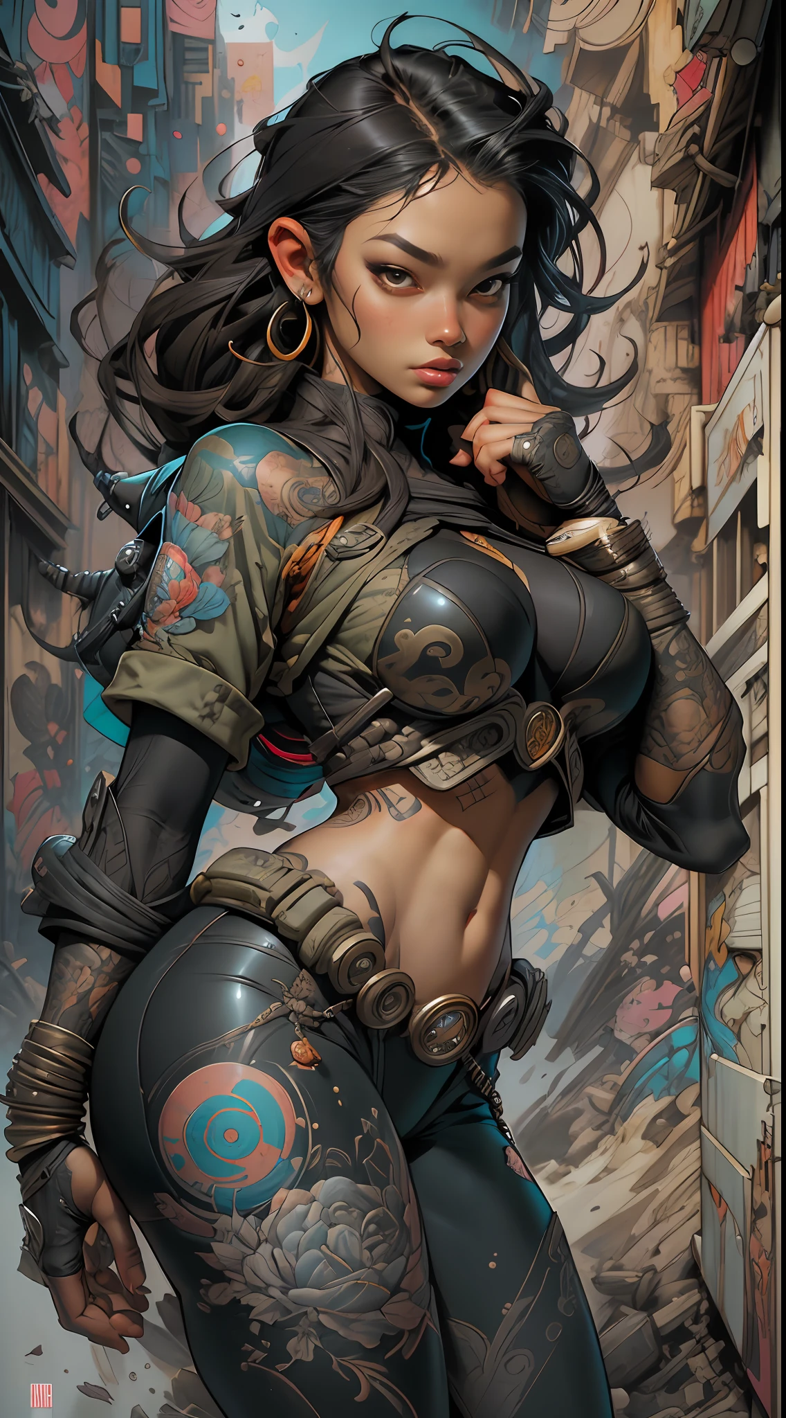 Textures: 1.5, black: 1.1, white: 1.3, red: 1.3, (indonesian woman), sexy, erotic, exotics, indonesian tattoos, voluptuous busty curvy thick, (tactical combat power puffer clothes: 1.2), 3d graffitti, abstract, lines, background circles, by Adam Hughes, art by Jay Anacleto