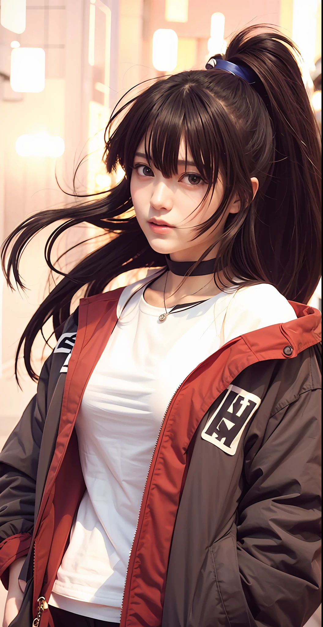 girl with long hair and a red jacket holding a cell phone, akane owari danganronpa, attractive matoi ryuko, gapmoe yandere, yandere. tall, hana yata, by Jin Homura, ryuko matoi, chiaki nanami from danganronpa, moe artstyle, realistic, ultra detail