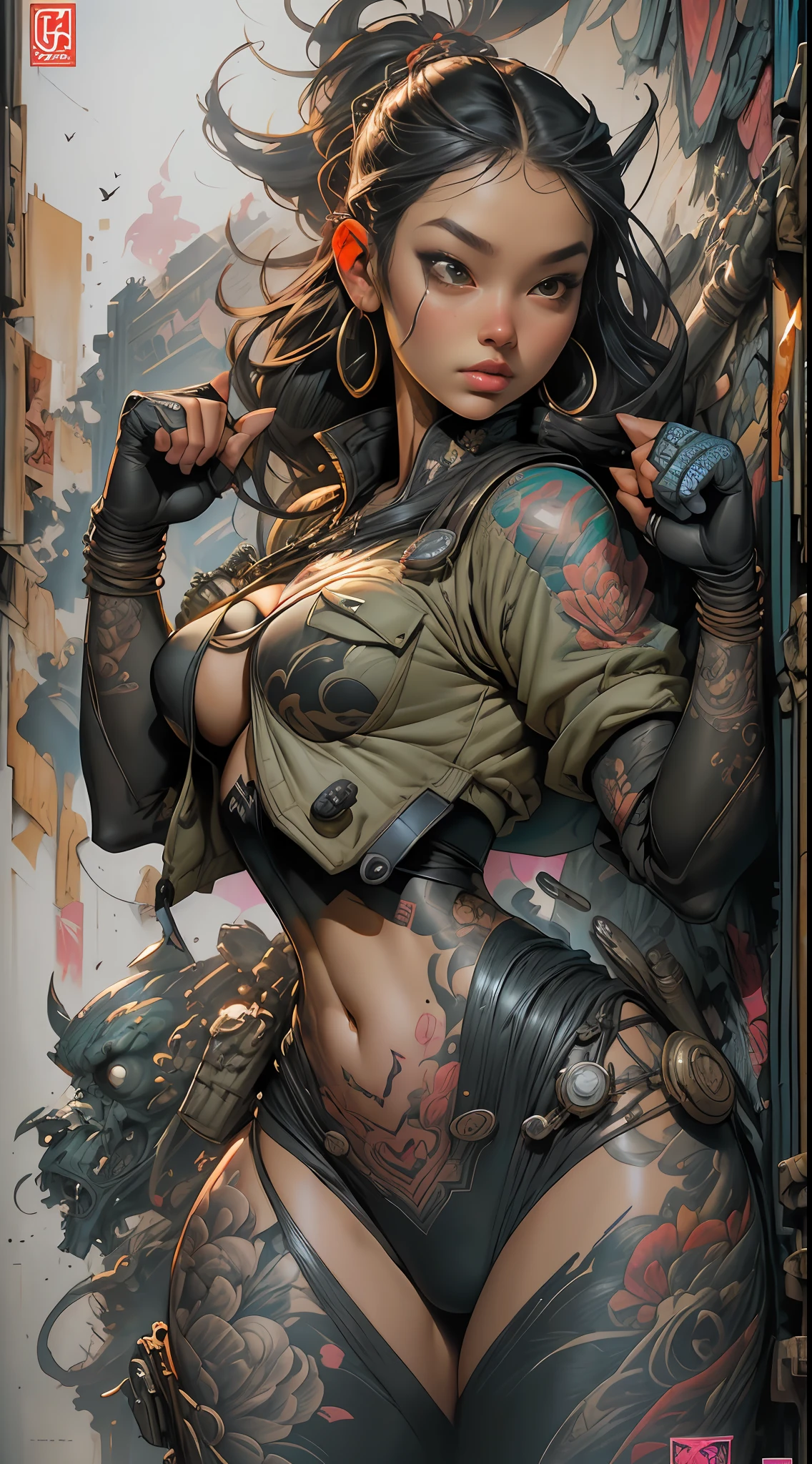 Textures: 1.5, black: 1.1, white: 1.3, red: 1.3, (indonesian woman), sexy, erotic, exotics, indonesian tattoos, voluptuous busty curvy thick, (tactical combat power puffer clothes: 1.2), 3d graffitti, abstract, lines, background circles, by Adam Hughes, art by Jay Anacleto