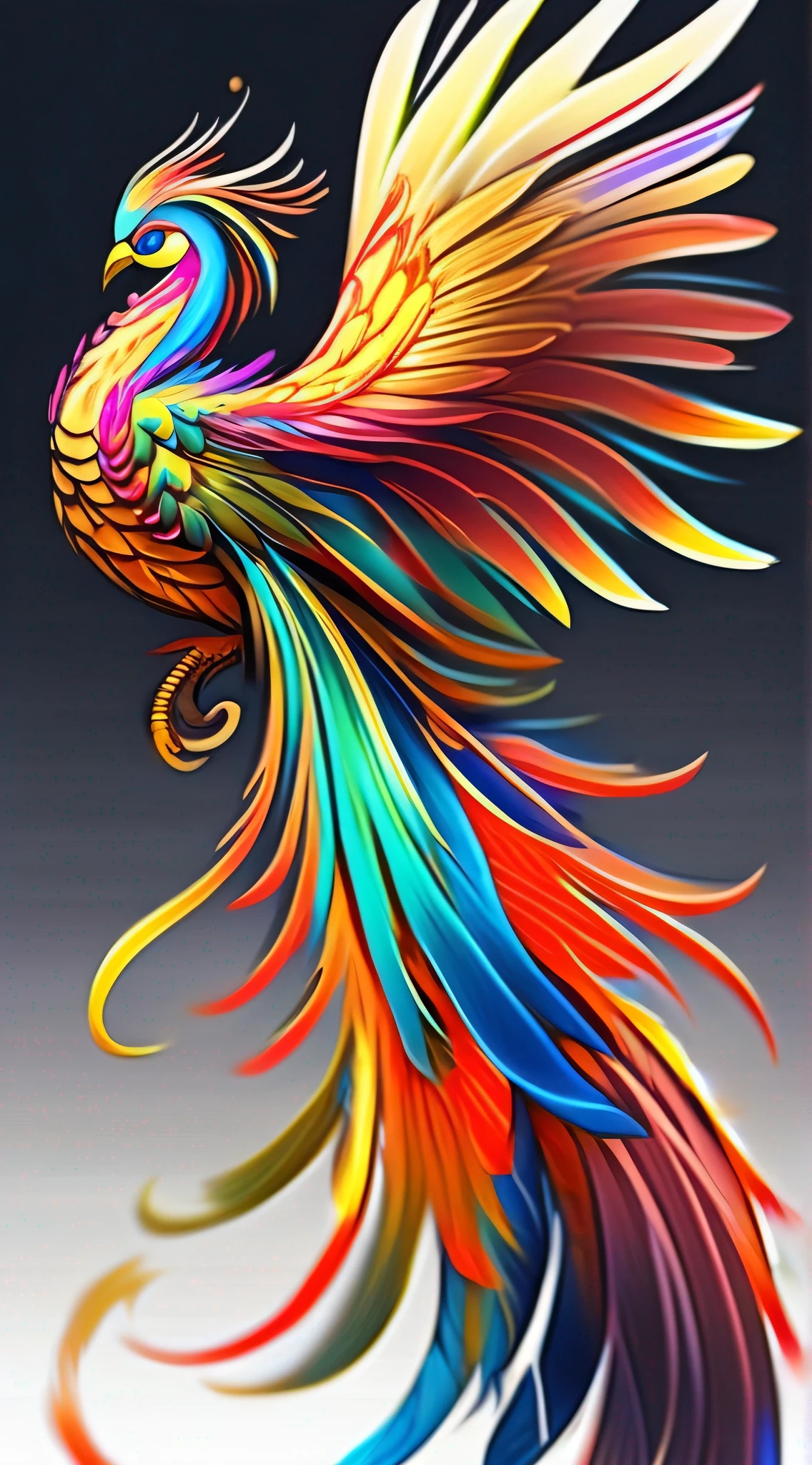 A gorgeous and proud phoenix,Brilliant and colorful feathers,(vibrant with colors:1.3),(Long, gorgeous tail:1.3),(Sideways face in the air),(Every detail depicted in detail),Like a work of art。(Divine bird),Shining with seven colors of light。No matter which angle you look at,It's all a stunning picture。Ultra photo realsisim,super-fine,超高分辨率,8K,Premium wallpapers,Highest image quality,3D,C4D,(Do not appear in human form)