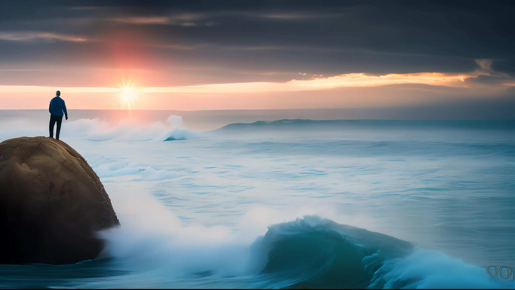 photo (LoneOcean:0.5) (TimeCar:1.1) ,man ,in the face of difficulty, be like a rock in the wake of the waves, standing motionless despite the fury of the sea