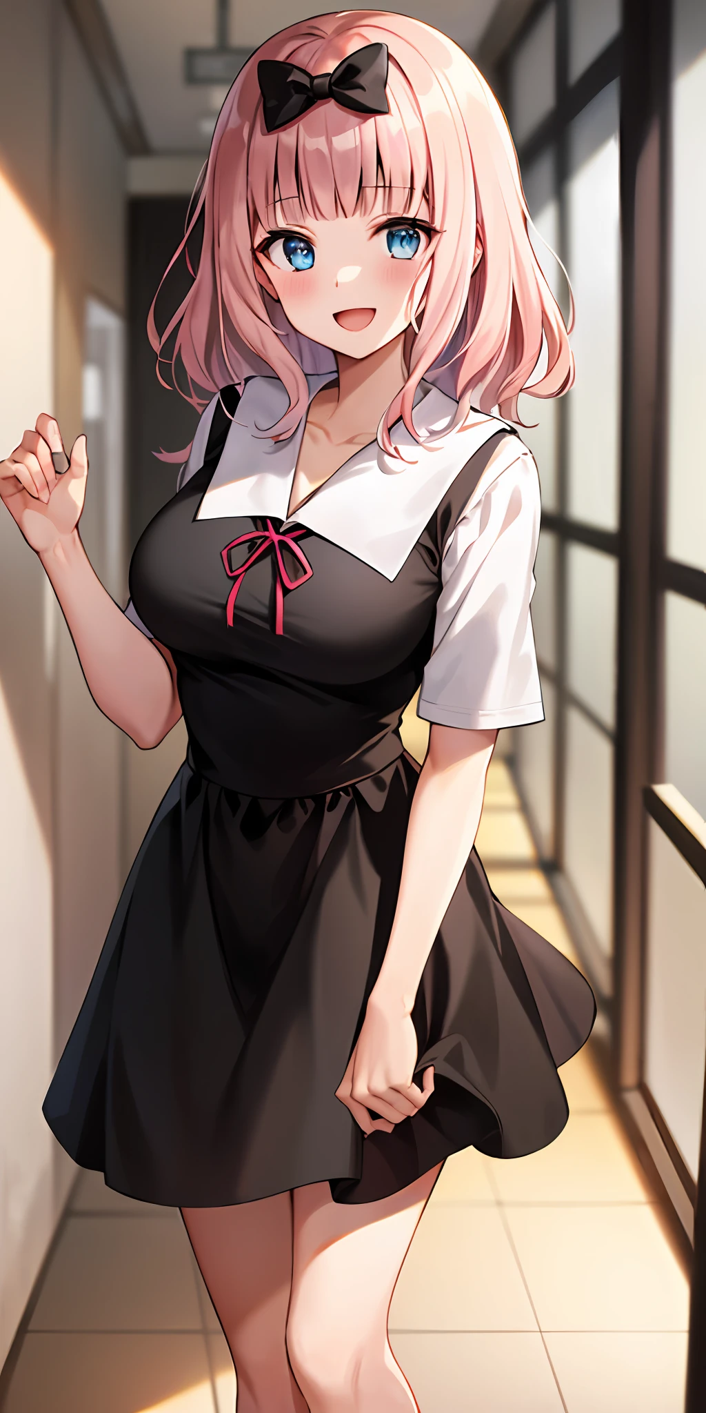2d, masterpiece, best quality, anime, highly detailed, cowboy shot, 1girl, solo, fujiwara chika, blue eyes, pink hair, hair bow, black bow, school uniform, summer uniform, large breasts, standing, indoors, hallway, :d