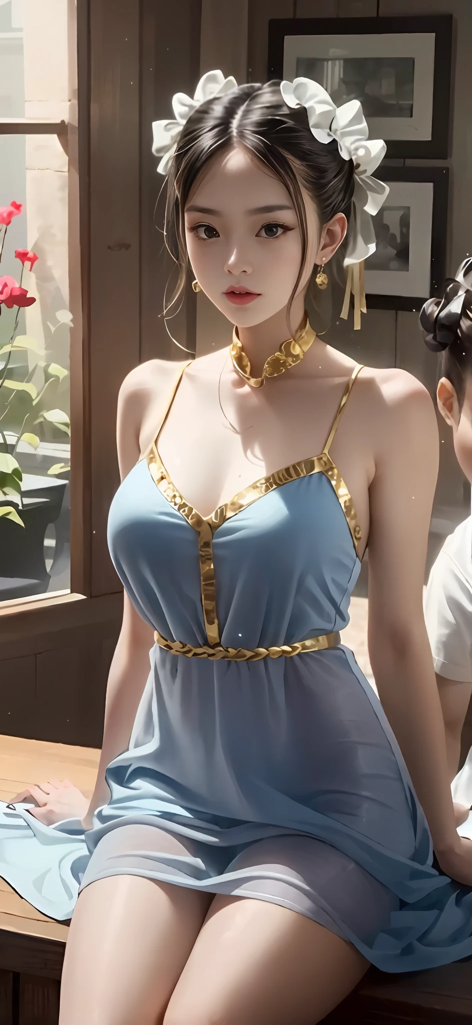 best qualtiy、masterpiece、The upper part of the body、(Adults:1.6) Hammu(Smirk:0.4)、Arms behind the head、Golden braided hair、radiant eyes、Victorian sundress、Suspended light particles、middle、Super huge