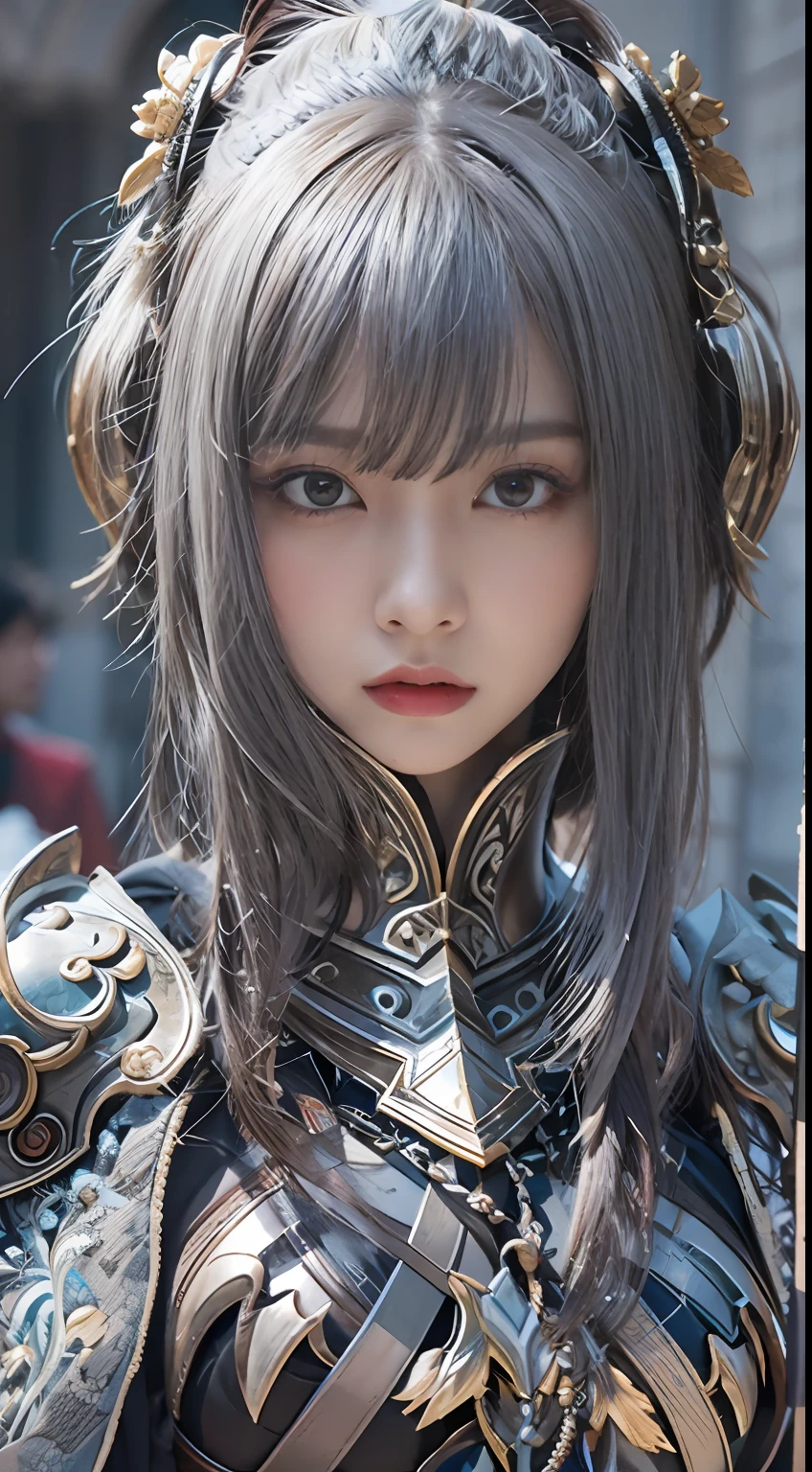 （8K，Best picture quality：1.2），（tmasterpiece：1.37），（photore，realisticlying：1.37），（超高分辨率）， [Chinese|Russian|Japanese|Korean]，A half body，Walking posture，Shooting from front，Slow motion，Female paladins dressed in full body，（Light silver armor：1.2），（Ornately decorated armor），（insanely details，blooms：1.5），（simulating：1.2），（High- sharpness），（detailedpupils：1.1），detailed faces and eyes， tmasterpiece， best qualtiy， （Highly detailed photo：1.1）， （longblackhair，pony tails，ecstasy：1.1）， （Young woman：1.1）， Sharp， （perfect bodies：1.1）， realisticlying， Real Shadow， 3D， （a temple background：1.2）， Cross your arms over your chest
photograph：Canan EOS R6， 135mm， 1/1250s， f/2.8， ISO 400