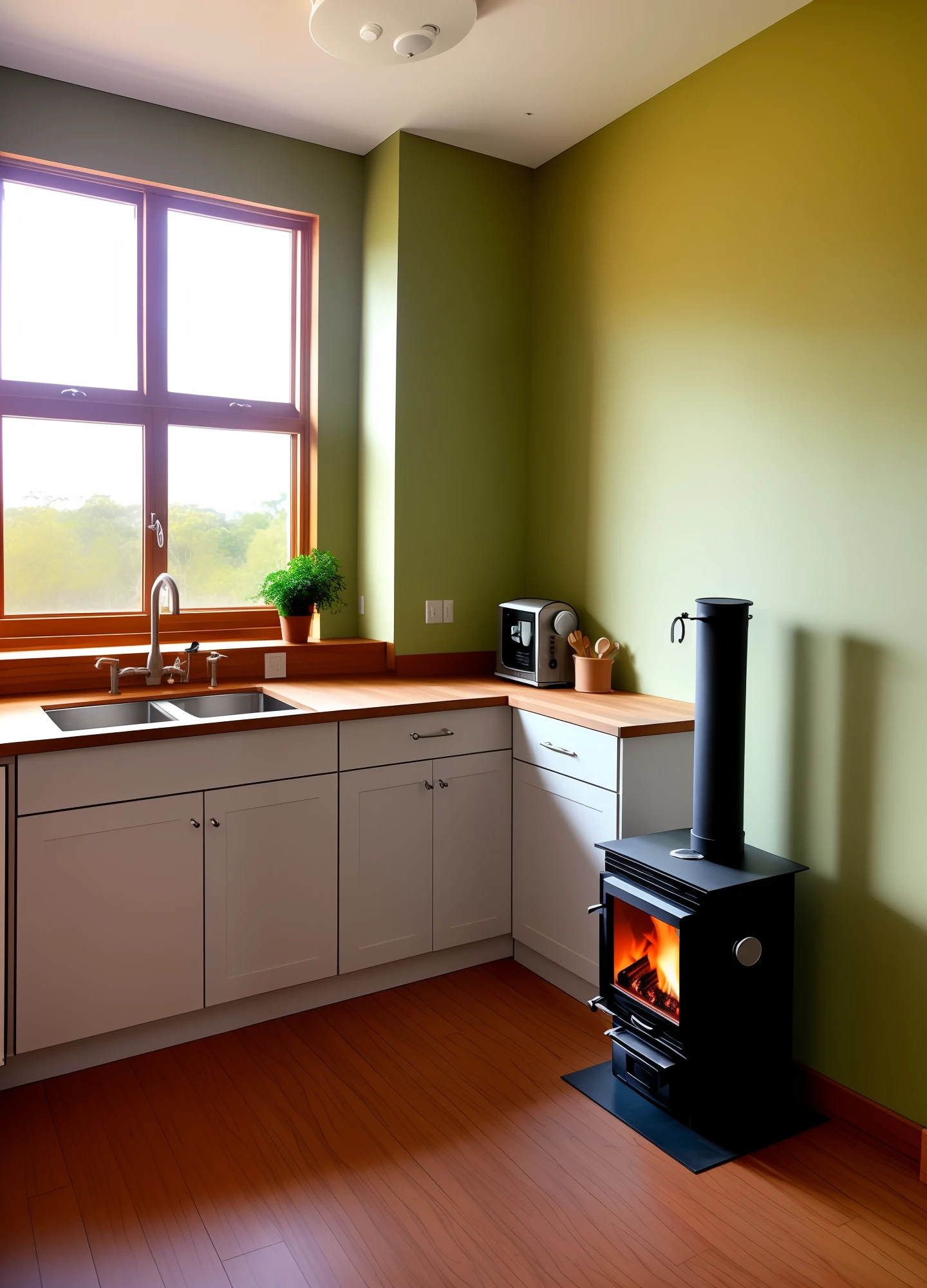 There is a kitchen with wood stove through the window if you see a purple ipê