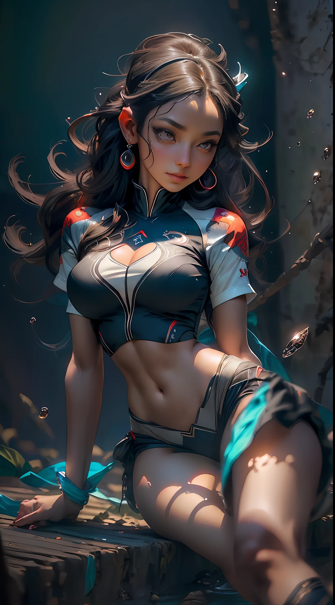 mulher oriental linda((corpo inteiro perfeito)), melancholy lighting, tranquila, calma, brilho, obra-prima, melhor qualidade, 1girl, (JinxLol:1.2), (ultra fotorrealista:1.3), (obra-prima:1.4), melhor qualidade, ((realista)), alta qualidade, ultra detalhado, ((Imagem real)), ((pele realista)), ((rosto realista)),(illustration:1.05), (linda:1.05), (belos olhos detalhados:1.05), (cinematiclight:1.1), VERMELHO nos detaques, corpo inteiro perfeito, silhueta esbelta, magra, seios pequenos, coxas grossas, roupa preta e azul, tenis branco