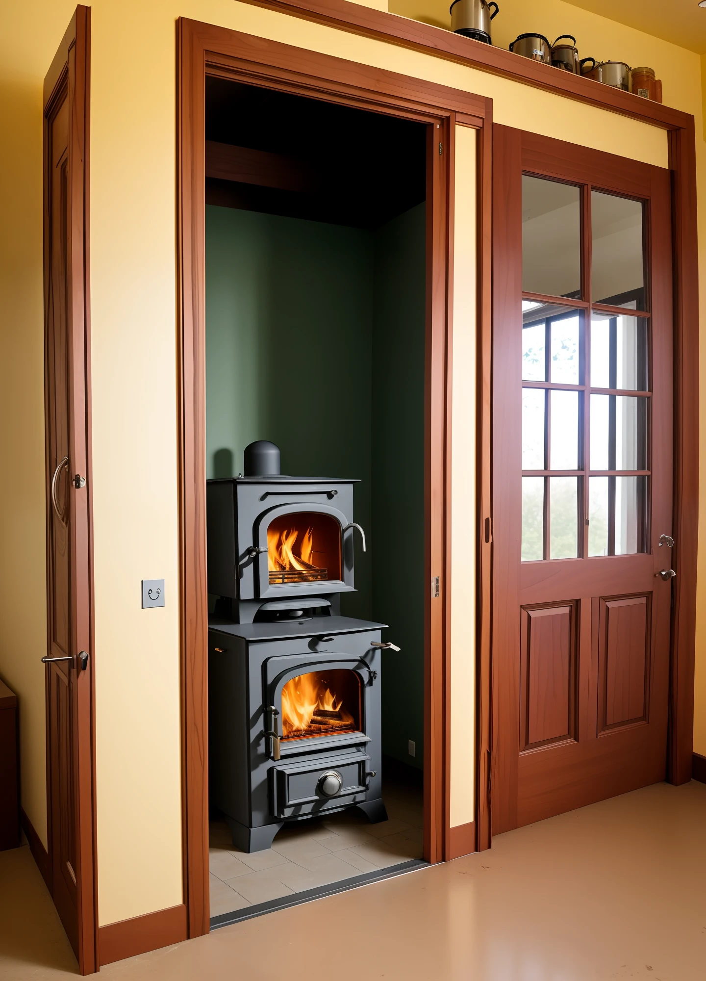 There is a kitchen with wood stove through the window if you see a purple ipê