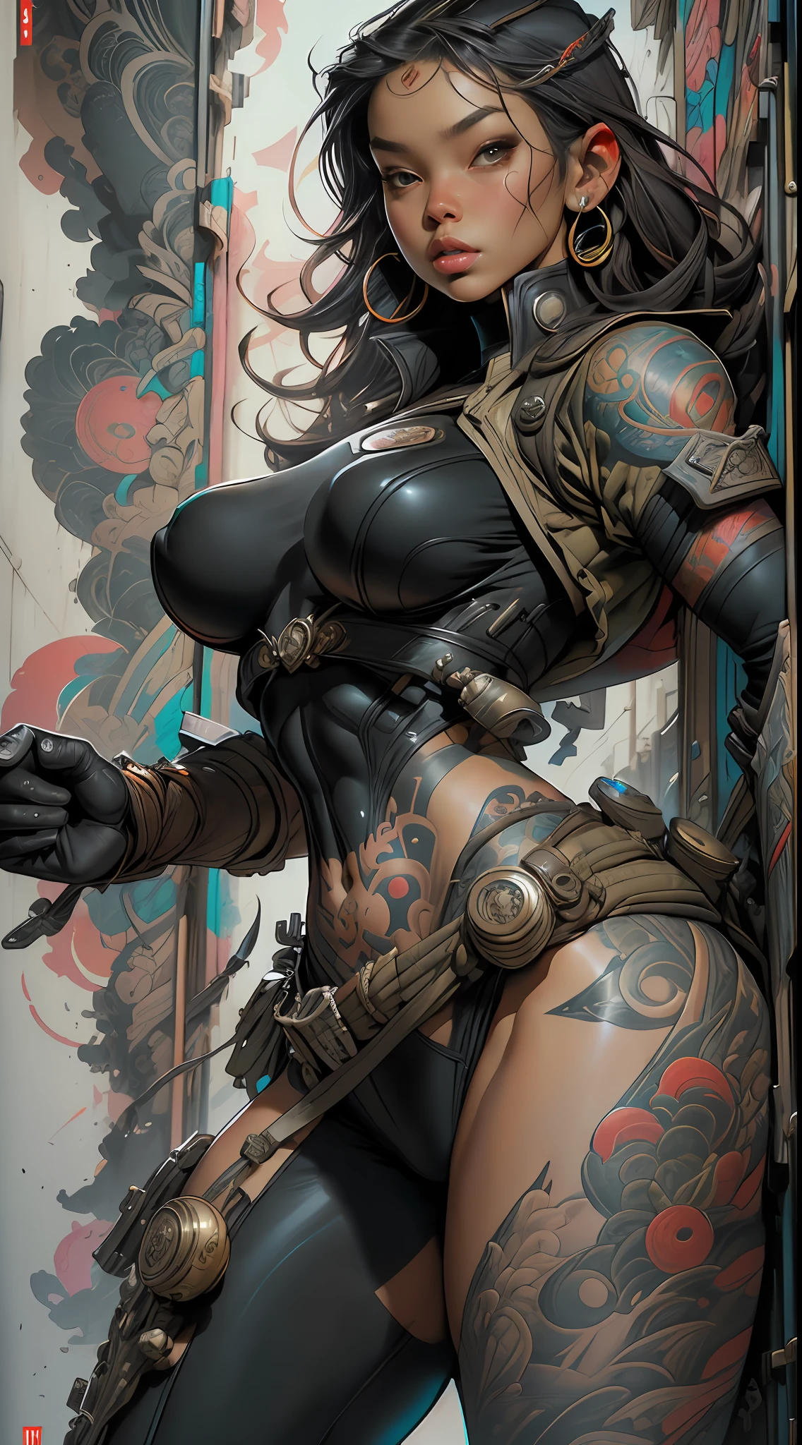 Textures: 1.5, black: 1.1, white: 1.3, red: 1.3, (indonesian woman), sexy, erotic, exotics, indonesian tribal tattoos, voluptuous busty curvy thick, (tactical power puffer clothes: 1.2), 3d graffitti, abstract, lines, background circles, by Adam Hughes, art by Jay Anacleto