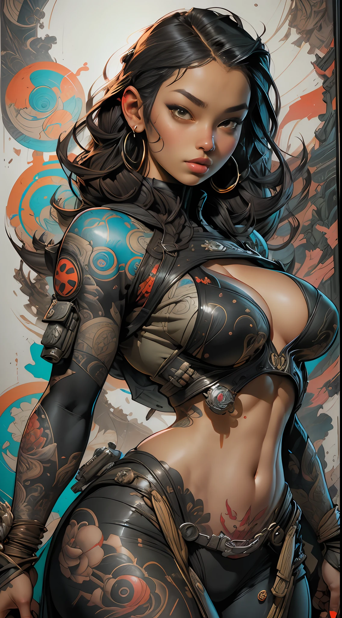 Textures: 1.5, black: 1.1, white: 1.3, red: 1.3, (indonesian woman), sexy, erotic, exotics, indonesian tribal tattoos, voluptuous busty curvy thick, (tactical power puffer clothes: 1.2), 3d graffitti, abstract, lines, background circles, by Adam Hughes, art by Jay Anacleto