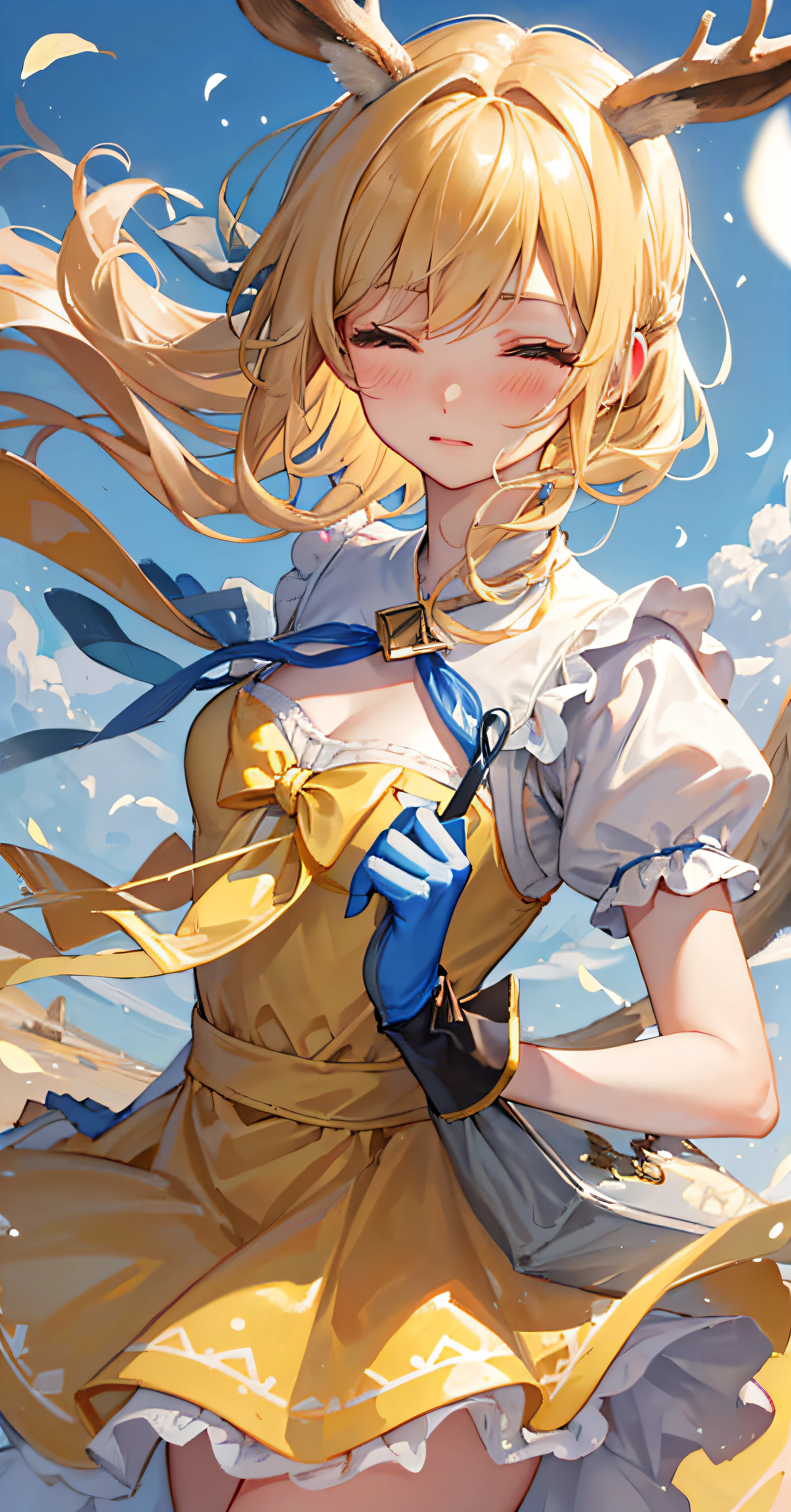 masterpiece, best quality,, (Banbi Kano,Light blue gloves), solo, face to viewer, looking at viewer,, deer ears, antlers, hair between eyes, yellow brown short hair, yellow brown eyes, round face, blush, a little sad,, patterned scarf, white dress, yellow brown bowknot on chest, medium breasts,, sakura blossoms, wind flow, floating petals, hanami, outdoors, a portrait of a beautiful blonde woman, fine - art photography, soft portrait shot 8 k, mid length, ultrarealistic uhd faces, unsplash, kodak ultra max 800, 85 mm, intricate, casual pose, centered symmetrical composition, stunning photos, masterpiece, grainy, centered composition : 2 | blender, cropped, lowres, poorly drawn face, out of frame, poorly drawn hands, blurry, bad art, blurred, text, watermark, disfigured, deformed, closed eyes