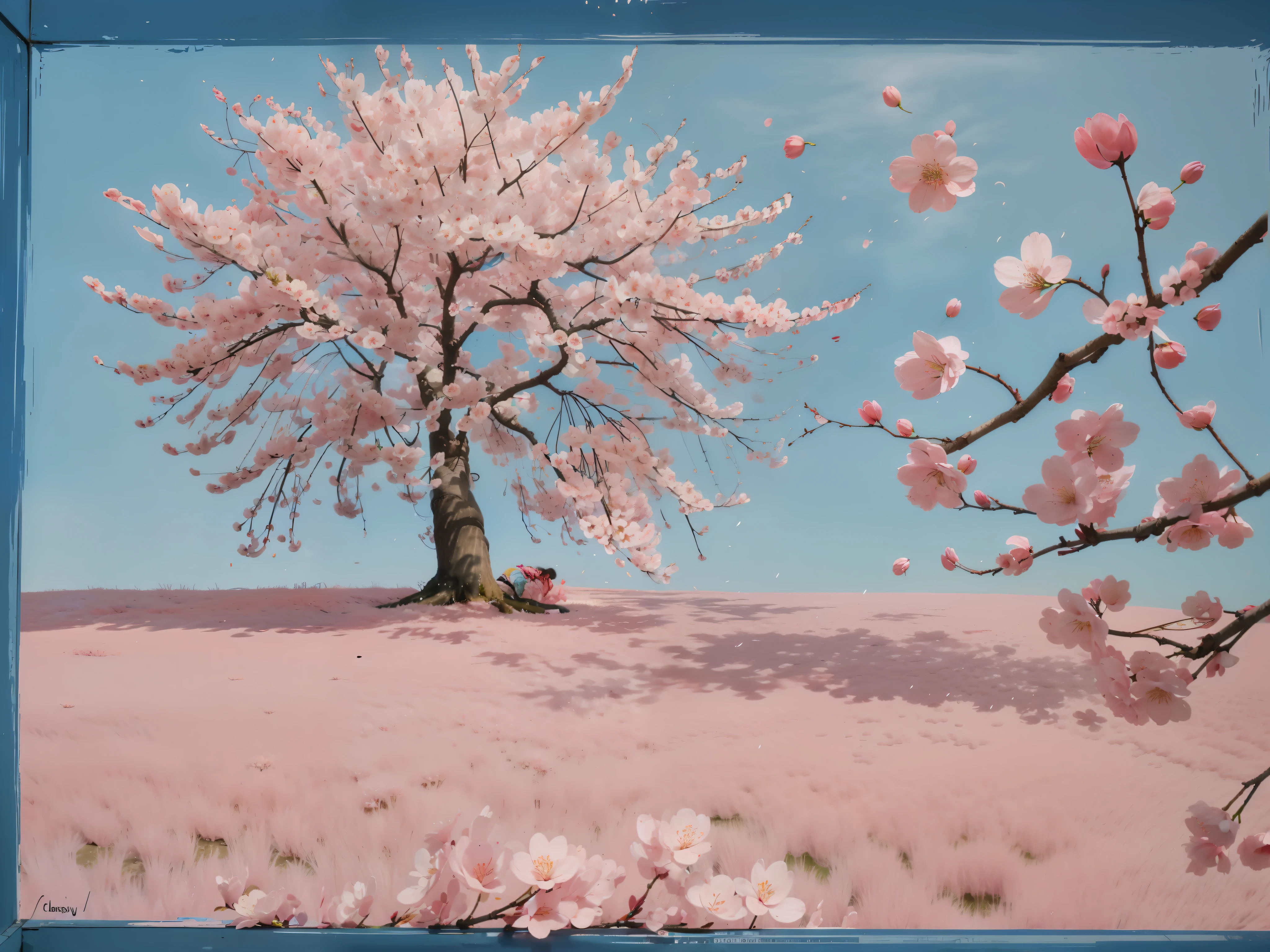 Painting of a tree with pink flowers on blue background, cherry blossoms falling, the cherry trees, falling cherry blossom pedals, falling cherry blossoms pedals, cherry blossom rain everywhere, Cherry blossom trees, the cherry trees, cherry blossom, cherry blossoms in the wind, Cherry blossom forest, Cherry blossoms, the cherry trees, the cherry trees, inspired by Julian Schnabel