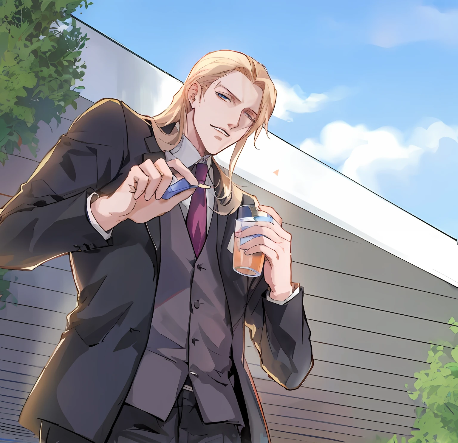 Anime image of a man in a suit holding a drink,(whaite hair:1.5),johan liebert, johan liebert mixed with alucard, joe biden as an anime villain, johan liebert mixed with dante, xqc, Handsome anime pose, official fanart, anime joe biden, digital art from danganronpa, Anime handsome man, offcial art, handsome guy in demon killer art