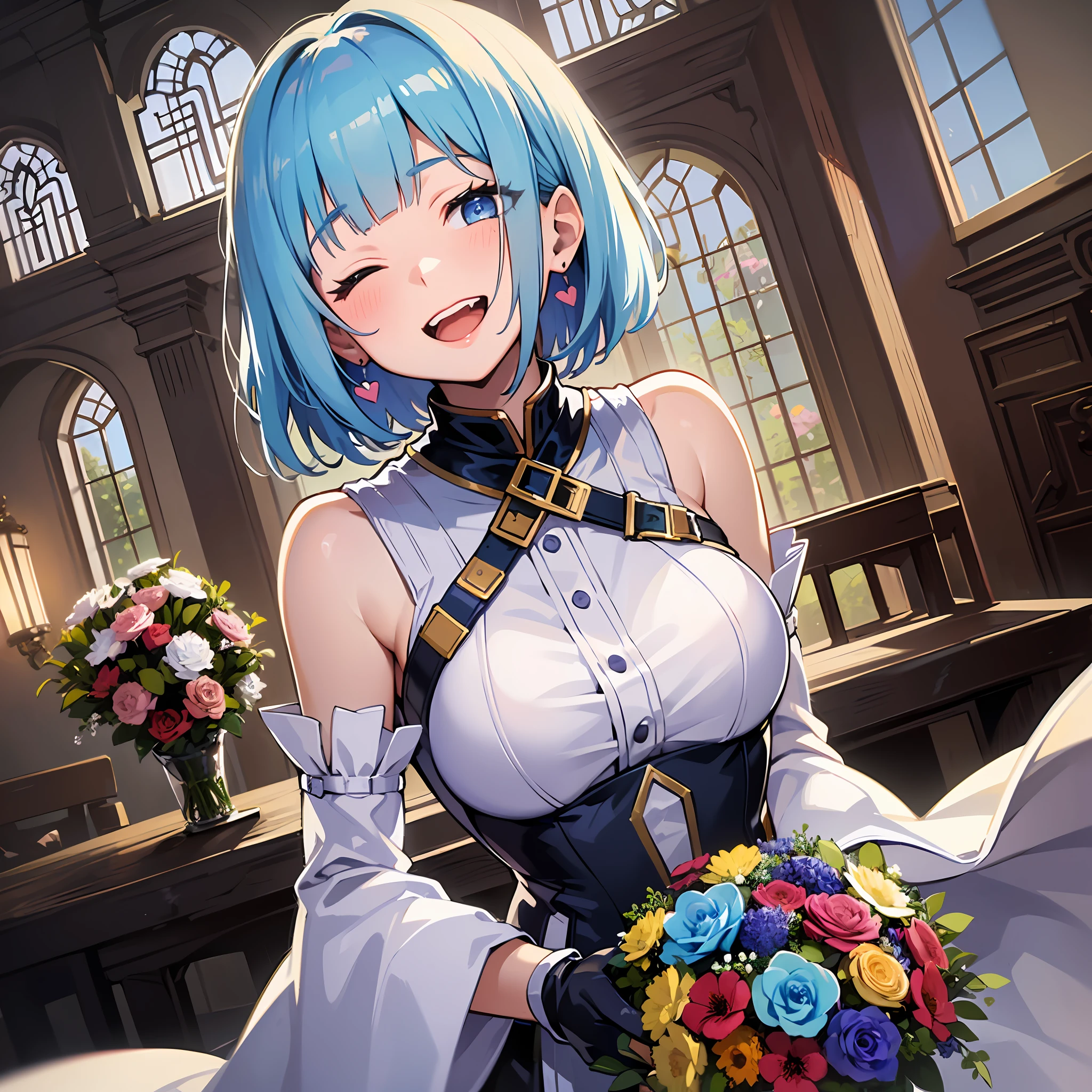 (masterpiece:1.3), (best quality:1.3), high resolution,
dutch angle, overlook view, couboy shot,
head tilt, leaning forward, (holding:1.1), body facing forward,
(one cute girl:1.3), solo,
white skin, small Breast, eight-headed person,
light blue hair, (bobbed hair:1.2), (short hair:1.2), (blunt bangs:1.2), beautiful hair, blue eyes, beautiful detailed eyes,
open mouth, heart, cheerful smile, one eye closed,
(bouquet:1.1), detached sleeves, Futuristic clothing,
big flame,
shadowlighting,