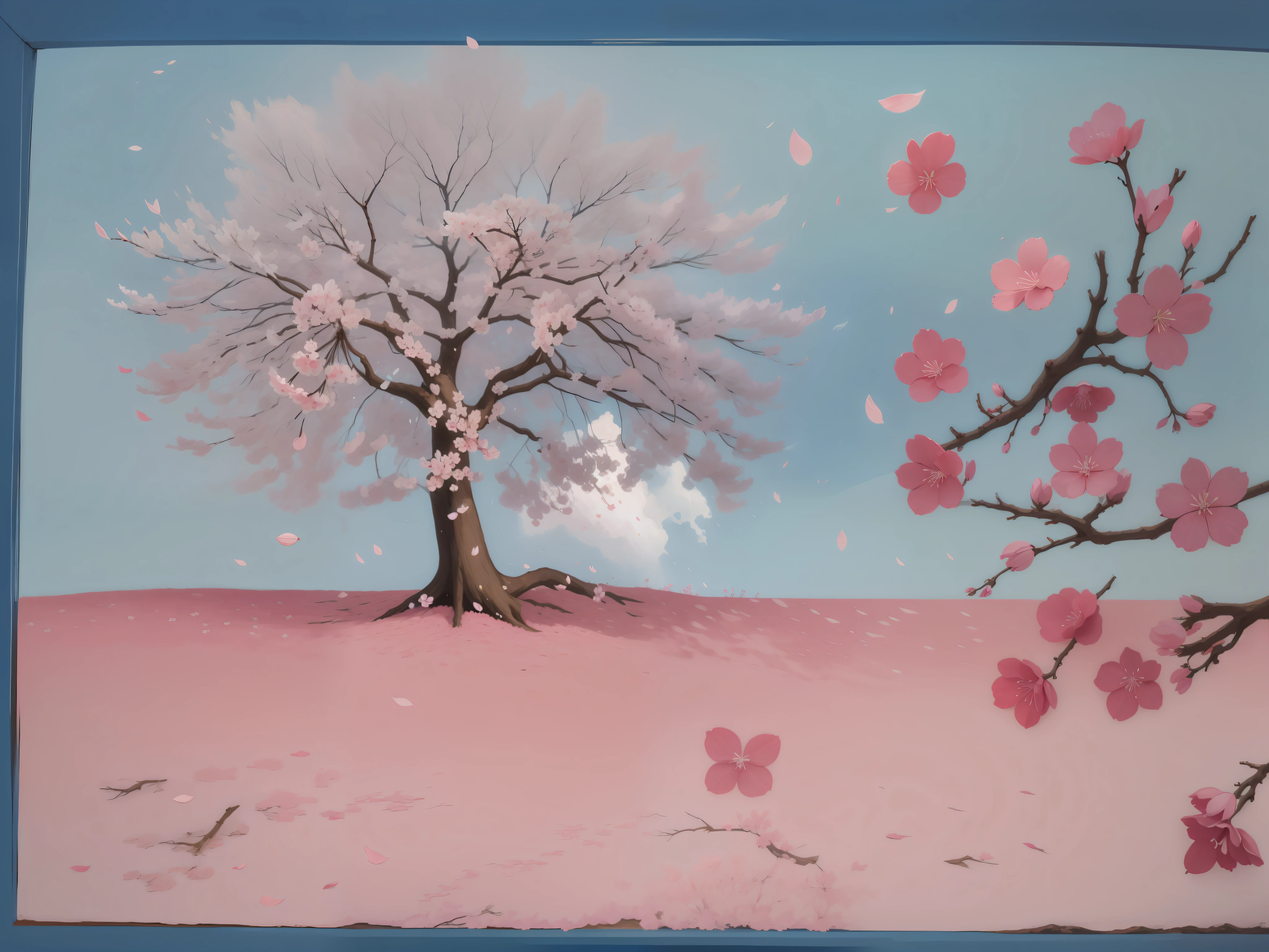 Painting of a tree with pink flowers on blue background, cherry blossoms falling, the cherry trees, falling cherry blossom pedals, falling cherry blossoms pedals, cherry blossom rain everywhere, Cherry blossom trees, the cherry trees, cherry blossom, cherry blossoms in the wind, Cherry blossom forest, Cherry blossoms, the cherry trees, the cherry trees, inspired by Julian Schnabel