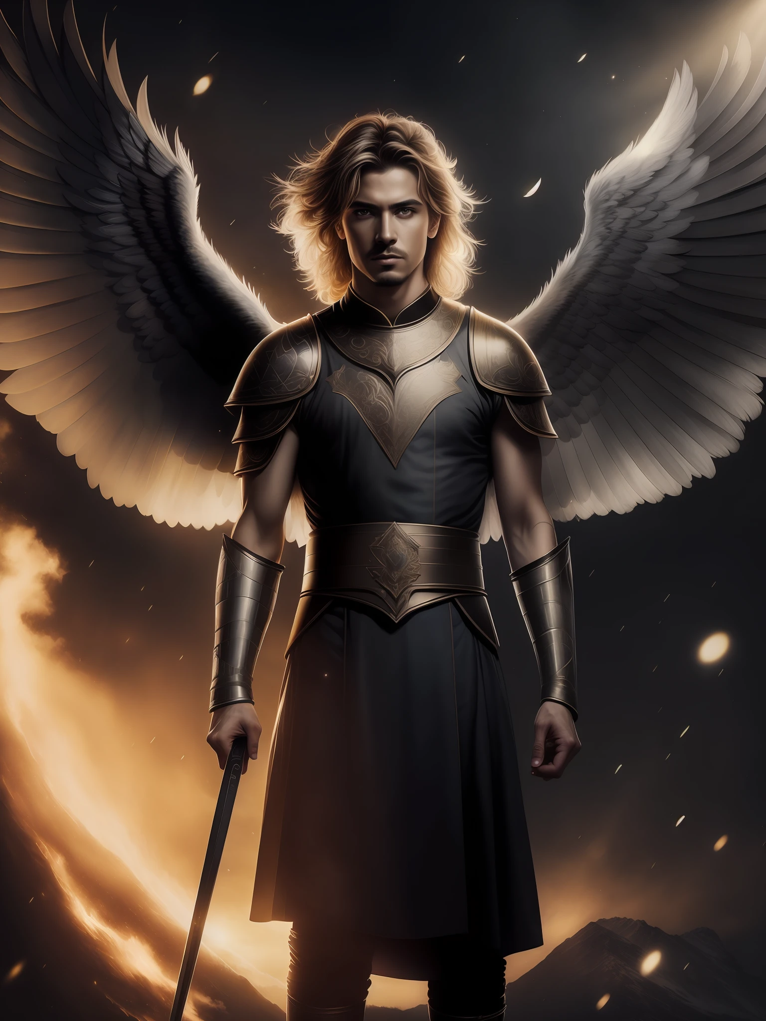 (estilo de fotografia), Um anjo guerreiro, com 40 anos, com seus cabelos loiros e olhos azuis profundos, equipado com asas negras e uma espada celestial, Fighting an ancient demon (Rembrandt Lighting), Lente Zeiss, ultra realistic, (Alto Detalhe da Pele: 1.2), 8k UHD, DSLR, Dramatic Rim light, alta qualidade, Fujifilm XT3,