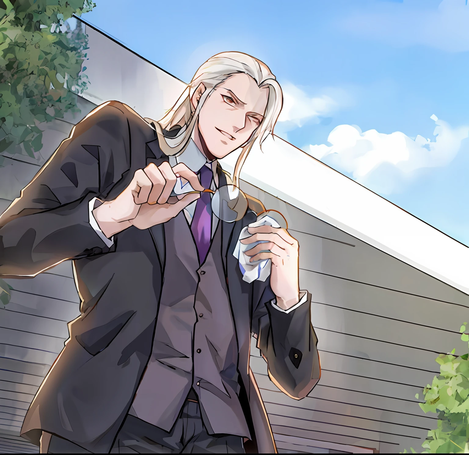 Anime image of a man in a suit wiping glasses with a handkerchief, White hair John Libert, johan liebert mixed with alucard, joe biden as an anime villain, johan liebert mixed with dante, xqc, Handsome anime pose, official fanart, anime joe biden, digital art from danganronpa, Anime handsome man, offcial art, handsome guy in demon killer art