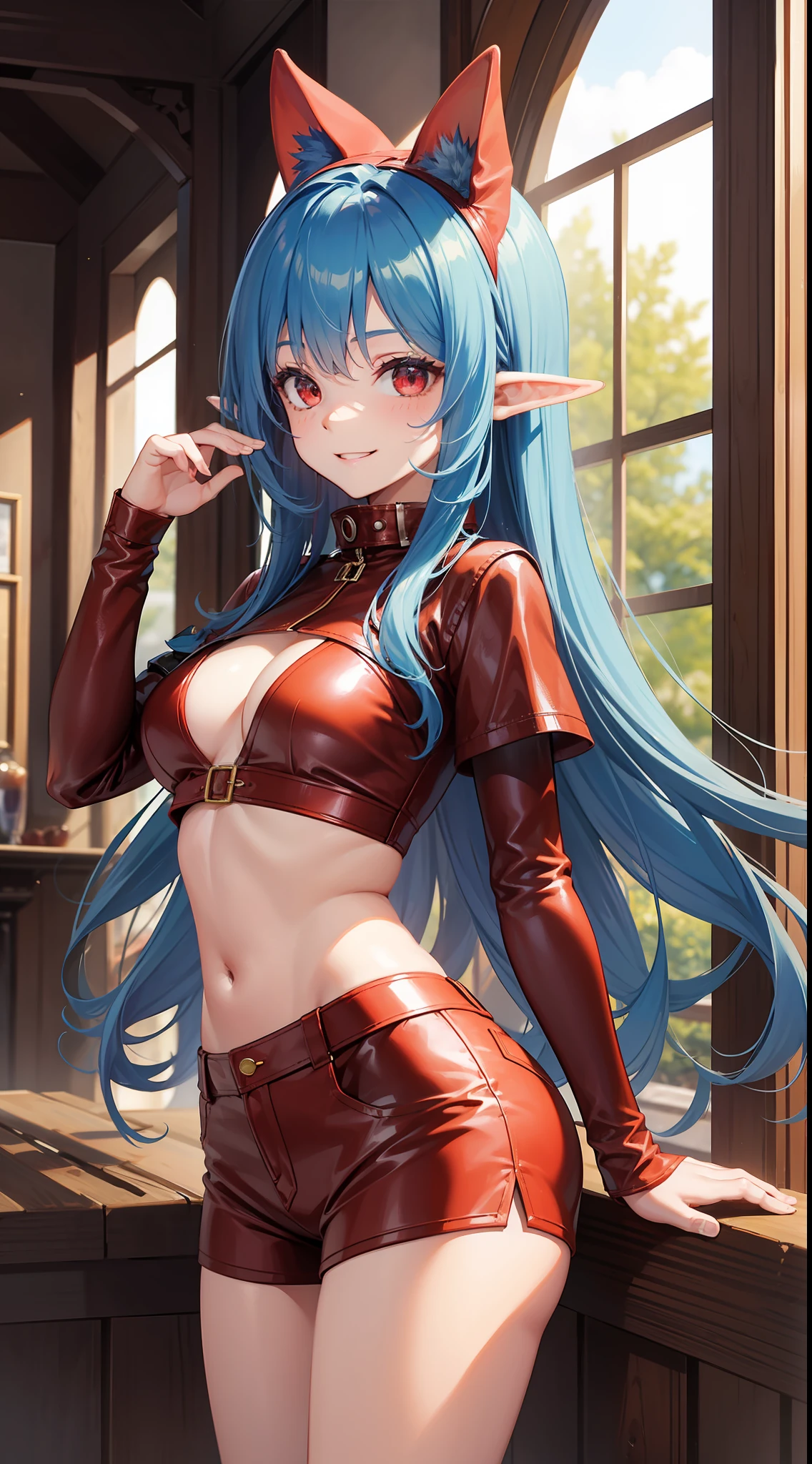 Young guy, long blue hair, Smile, red eyes, elf ears, red leather top, Shorts, open torso, lust, Masterpiece, hiquality