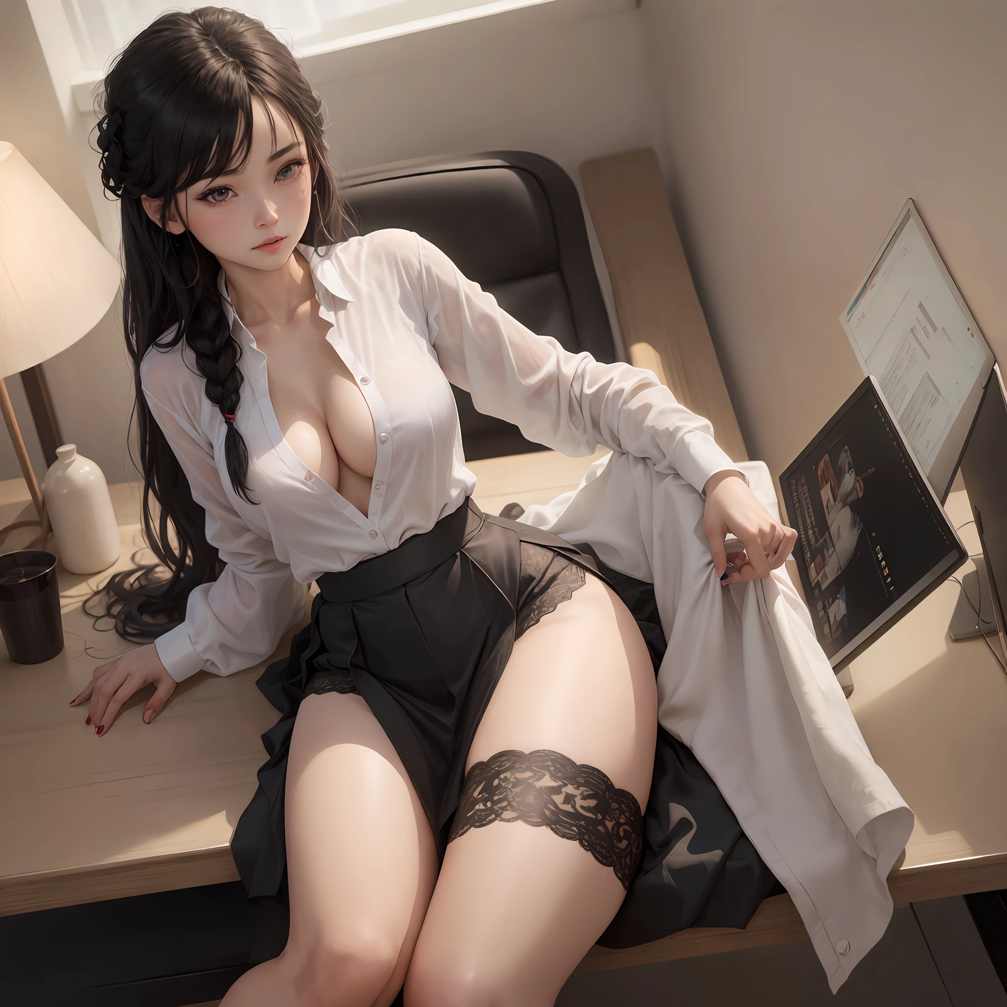 shenhe， 1girll， 独奏， （（white  shirt））， black thighhigns， Giant breasts，， 校服， office backdrop， a black skirt， pleatedskirt， office room， hair between eye， hair adornments，big cleavage breasts， long whitr hair， looking at viewert， silber hair， braidedhair， silver short nails， Silver eyes， 独奏， Thighs, Thighs， upper legs， long whitr hair， （（tmasterpiece））， Sat down， a chair， Study desk， Computer on the desk， name badge， ID tags， inside in room， Be red in the face，A sexy pose，sensual breasts，The white shirt is separated by the breasts ，The white shirt cracked，breasts out，Black heels，blacksilk，Black lace panties，Superskirt，Black lace lumbar pads，black lace bras，Black bracers，Black lace breast，Black hip skirt --auto