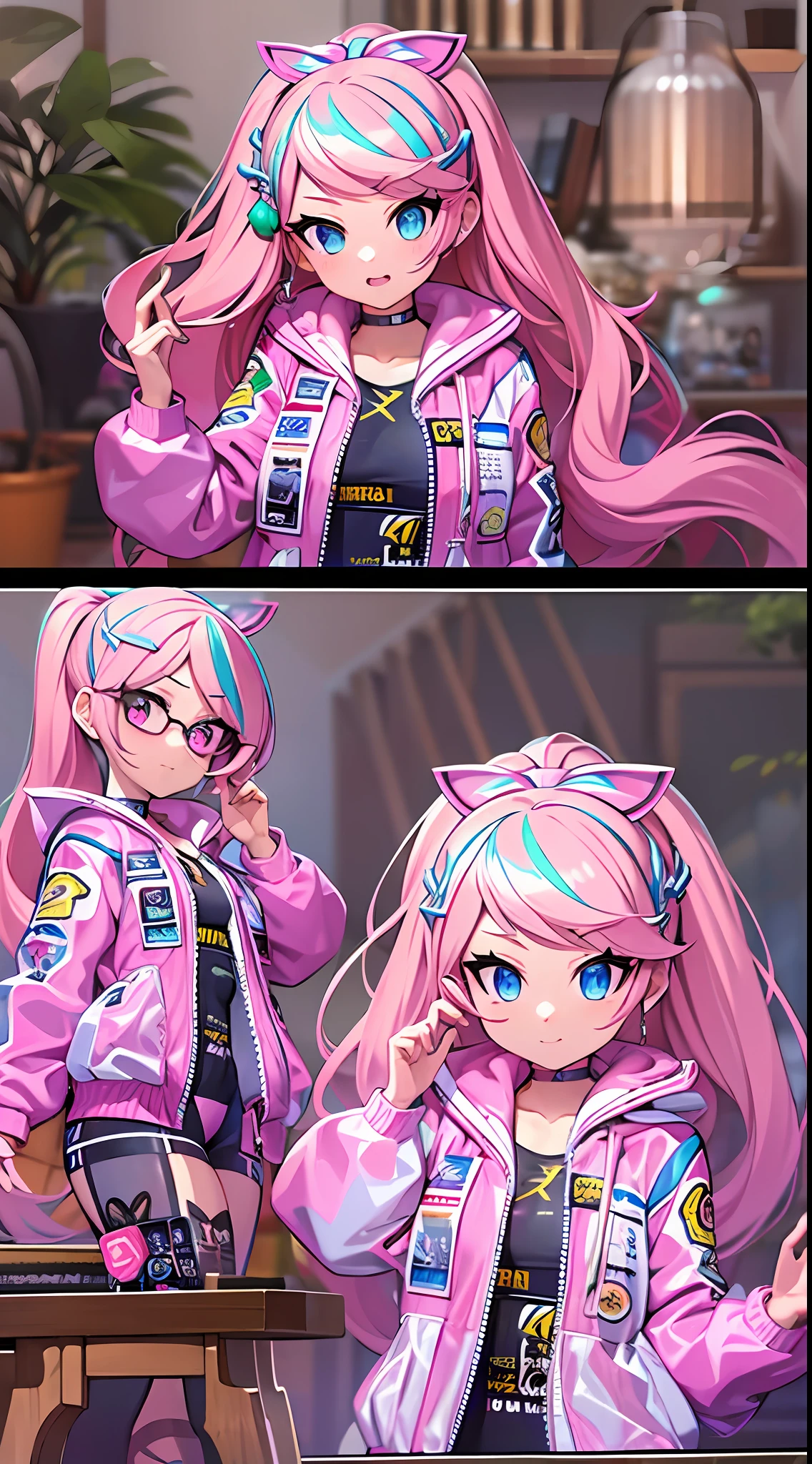 ((Masterpiece)), best quality, absurderes, ultra detailed, holographic, cowboy shot, dynamic pose, golden ratio, super cute girl, mature girl, Barbie girl, idol girl, super beautiful girl with very beautiful blue eyes, beautiful glowing blonde multicolored hair, high ponytail, nice and sexy body, slim body, perfect body, wearing a super tight and pink leotard, a super aesthetic pink translucent mini jacket, beautiful pink hair ornament, pink jordan tennis, being photographed in a doll house