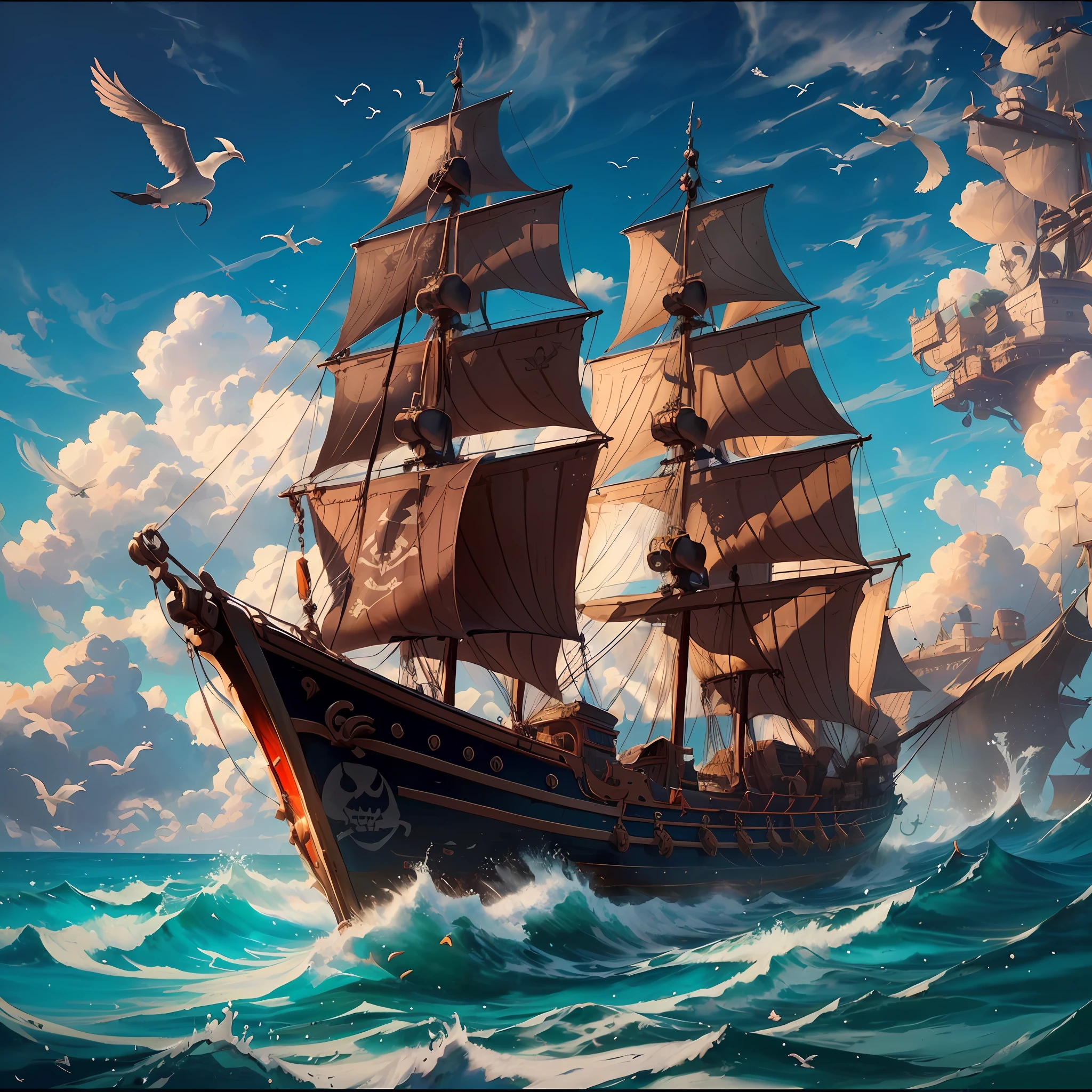 painting of a sailboat in the ocean with birds flying around, on a pirate ship background, ship at sea, old pirate ship, Sail ships, gothic ship on ocean, ships with sails, amazing wallpapers, Pirate ship, an impossibly huge pirate ship, author:Alexei Venezyanov, galleon, 4k highly detailed digital art, 《Sea of Thieves》styled