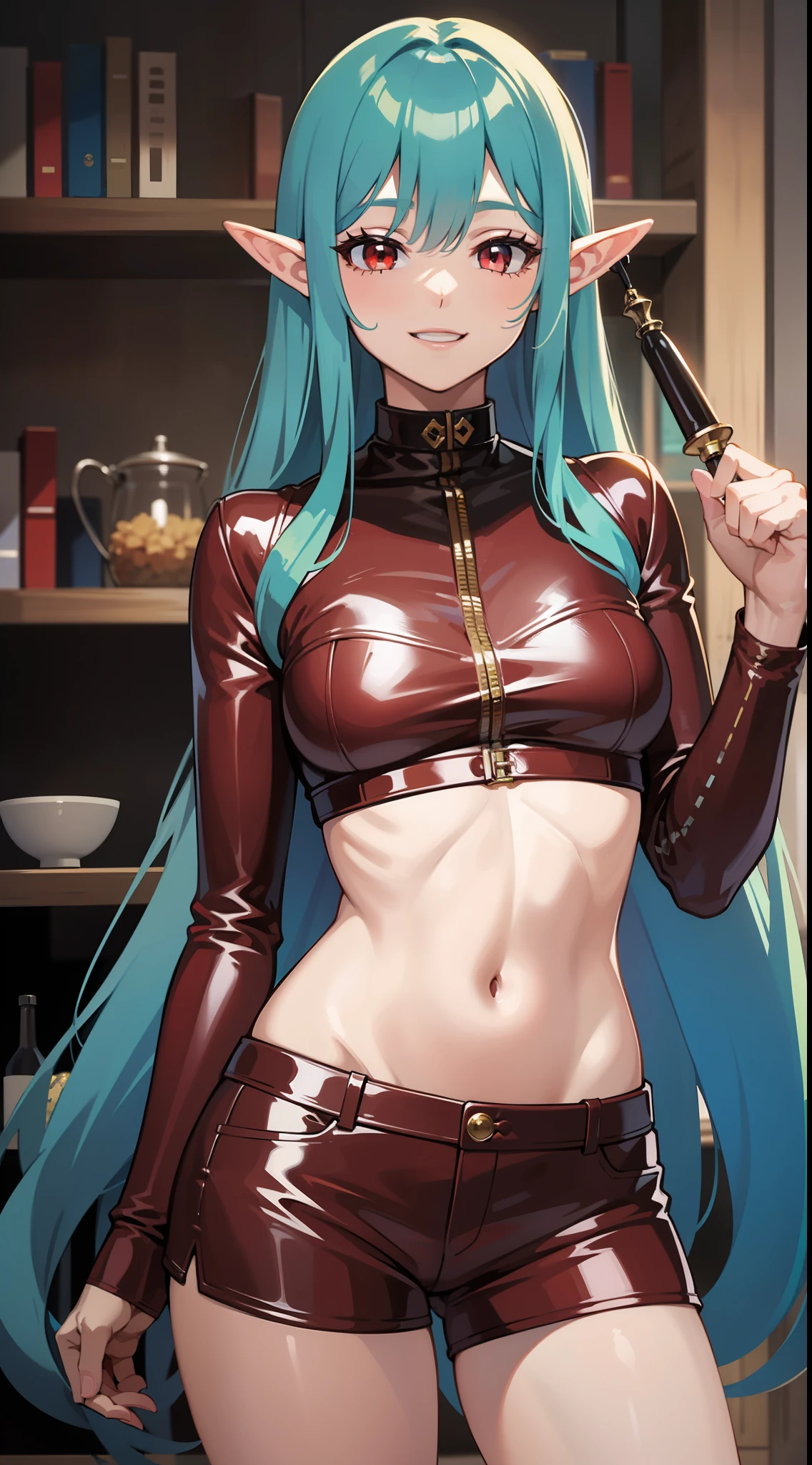 Young guy, long blue hair, Smile, red eyes, elf ears, red leather top, Shorts, open torso, lust, Masterpiece, hiquality