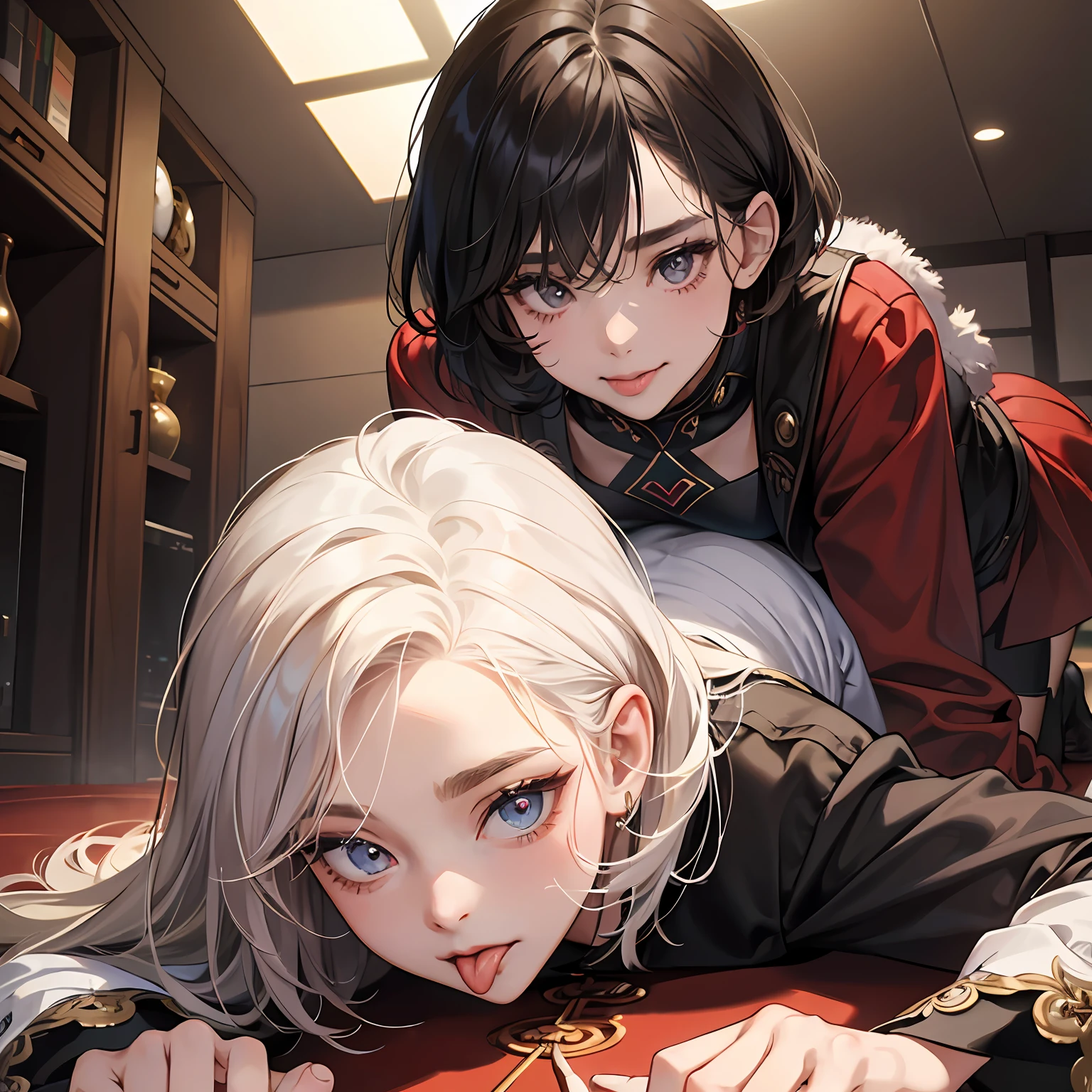 (top-quality,8K,tmasterpiece:1.3)Beautuful Women,2 girls,Slightly fat,Short white hair,(Crawling on the floor on all fours,spread their legs:1.2)Super detailed face,Highly detailed lips,Detailed eyes,Stick your tongue out,Eyes looking upwards,Be red in the face,The pupil is a red heart --auto