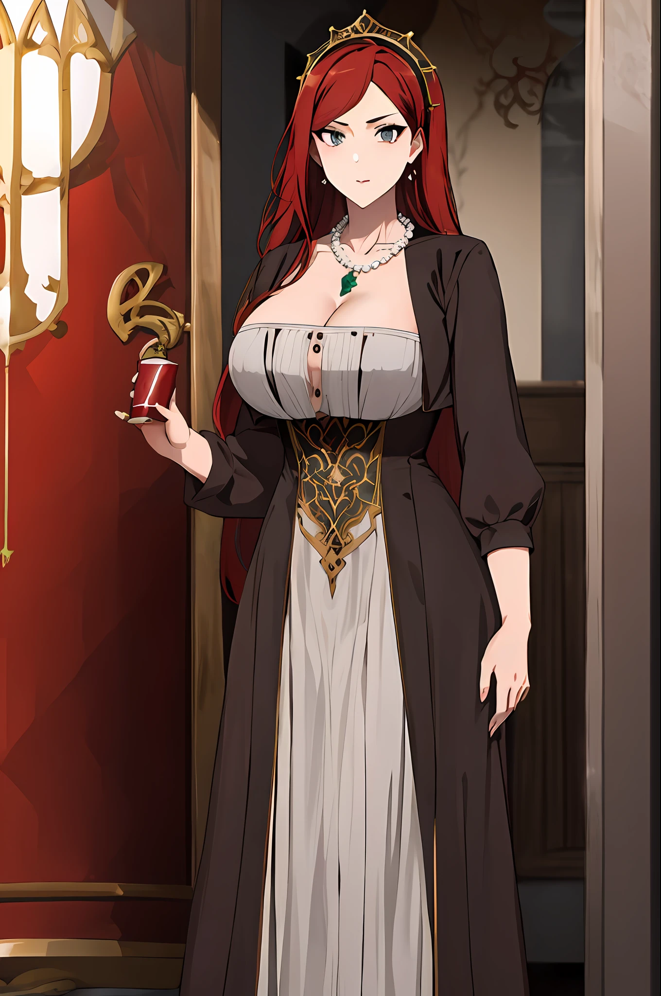 Hilda, 1girl, large_breasts, jewelry, red_hair, solo, long_hair, necklace, cleavage, grey_eyes, dress, standing,