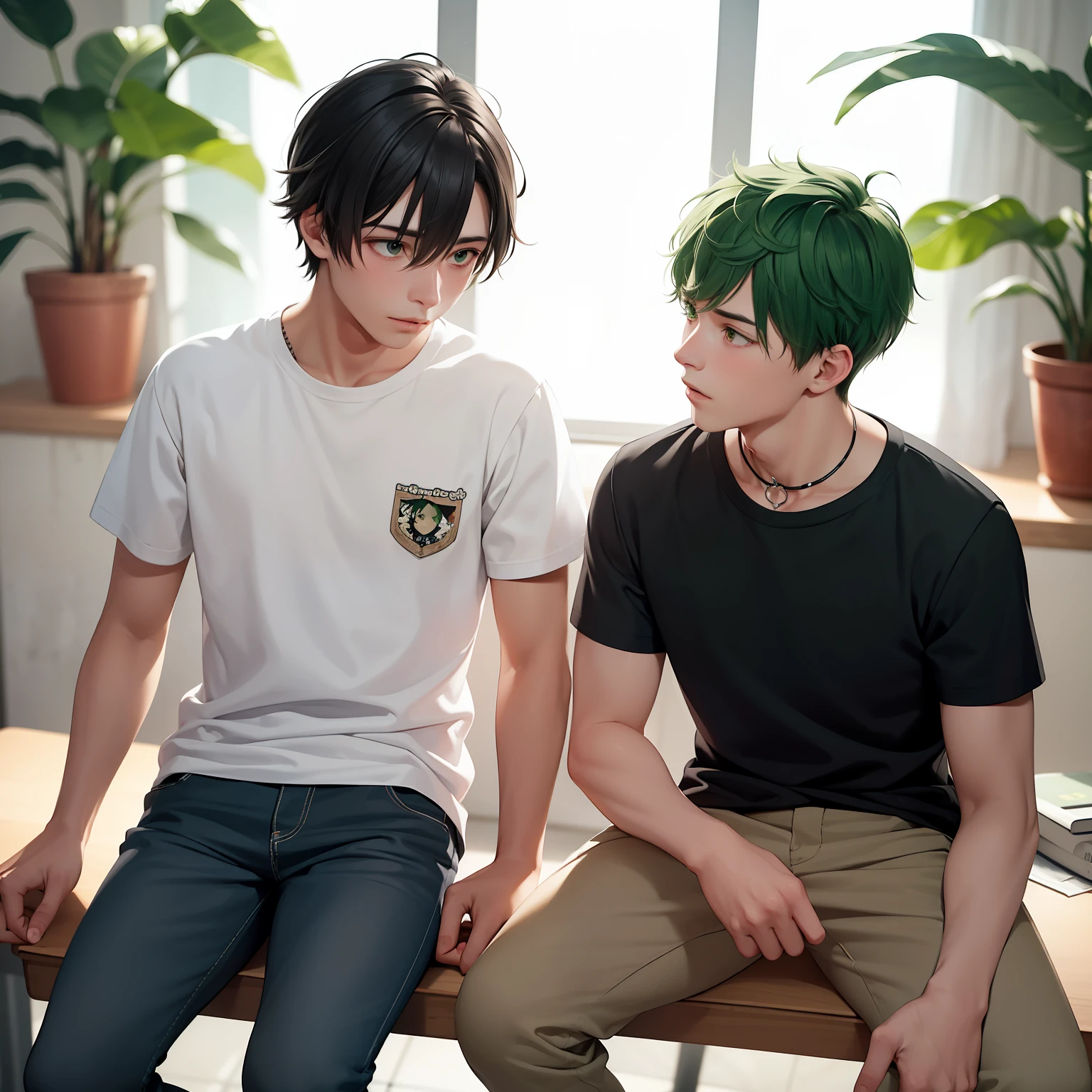 Two 15-year-old male teenage friends with Latin skin and bright green hair light green eyes at school are talking about an important topic are friends almost like brothers.......