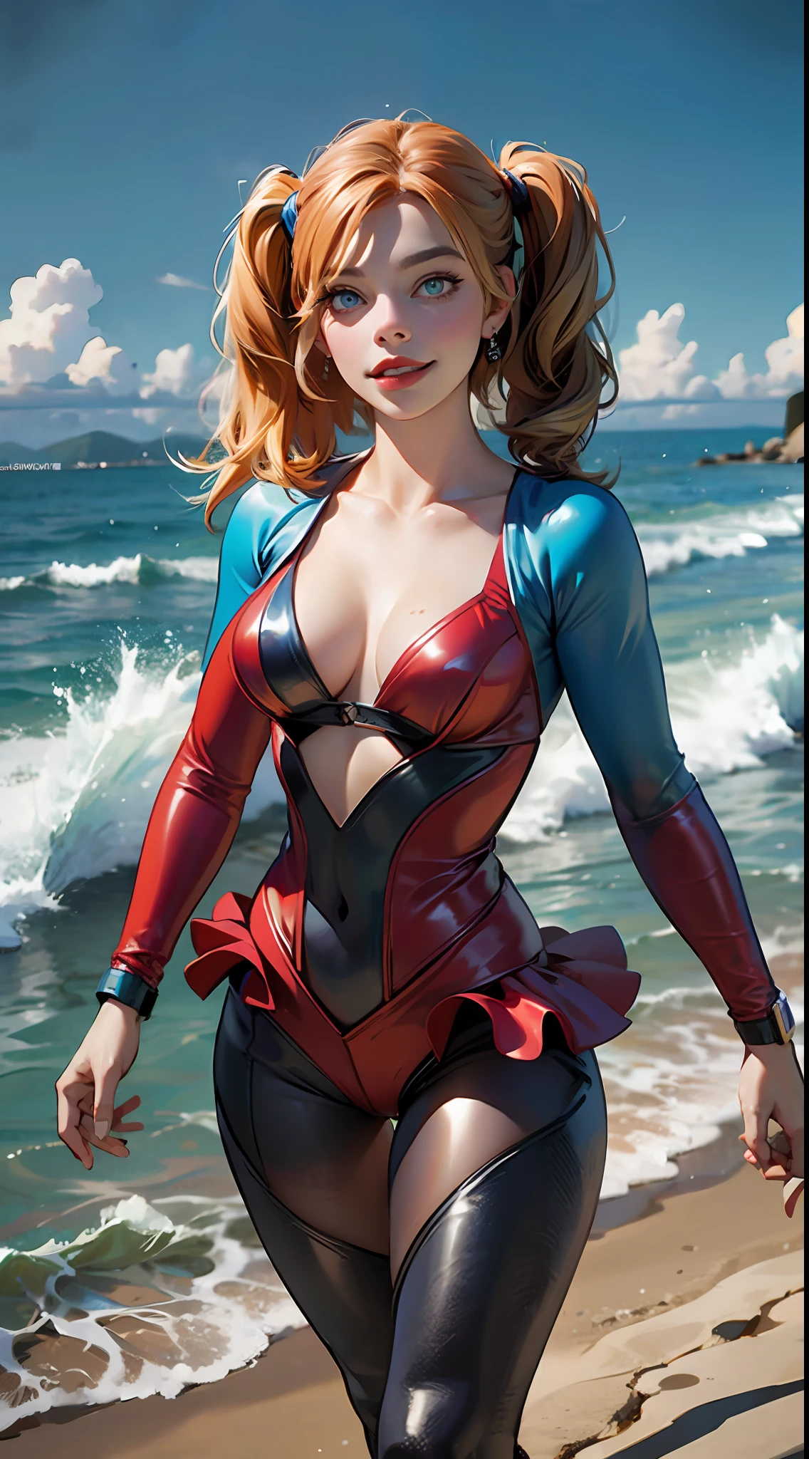 margot robbie as a gorgeous Harley Quinn standing on sand wind in the hair