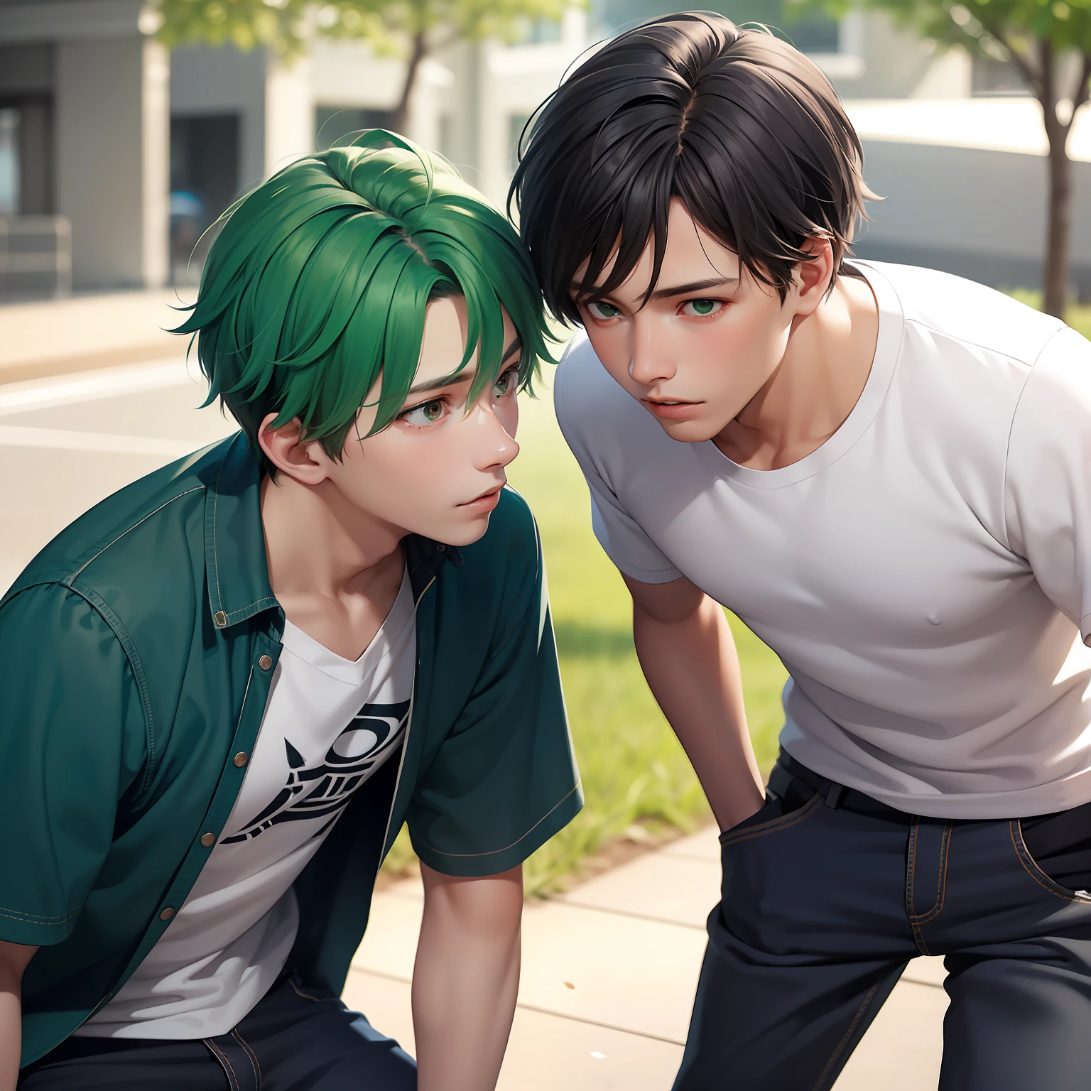 Two -yeld mateenage friends with Latin skin and bright green hair light green eyes at school are talking about an important topic are friends almost like brothers.......
