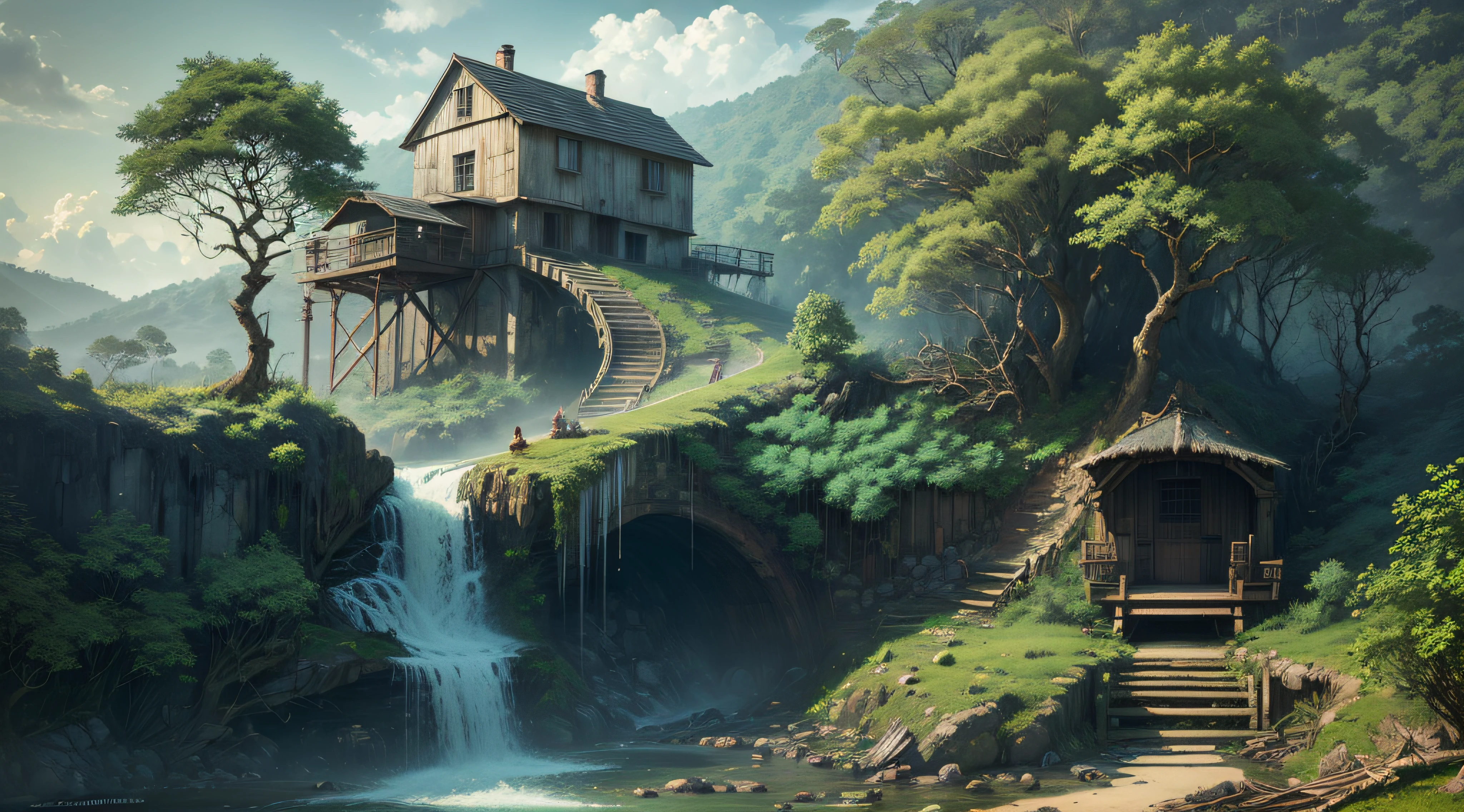 Gigantic colorful trees with many vines, palmeiras, coqueiro, fallen logs, a watermill with a waterwheel, moinho de vento, numa cachoeira exuberante, rio com grandes rochas hiper realista, sky with clouds, sol, lua, global ilumination, profundidade de campo,
