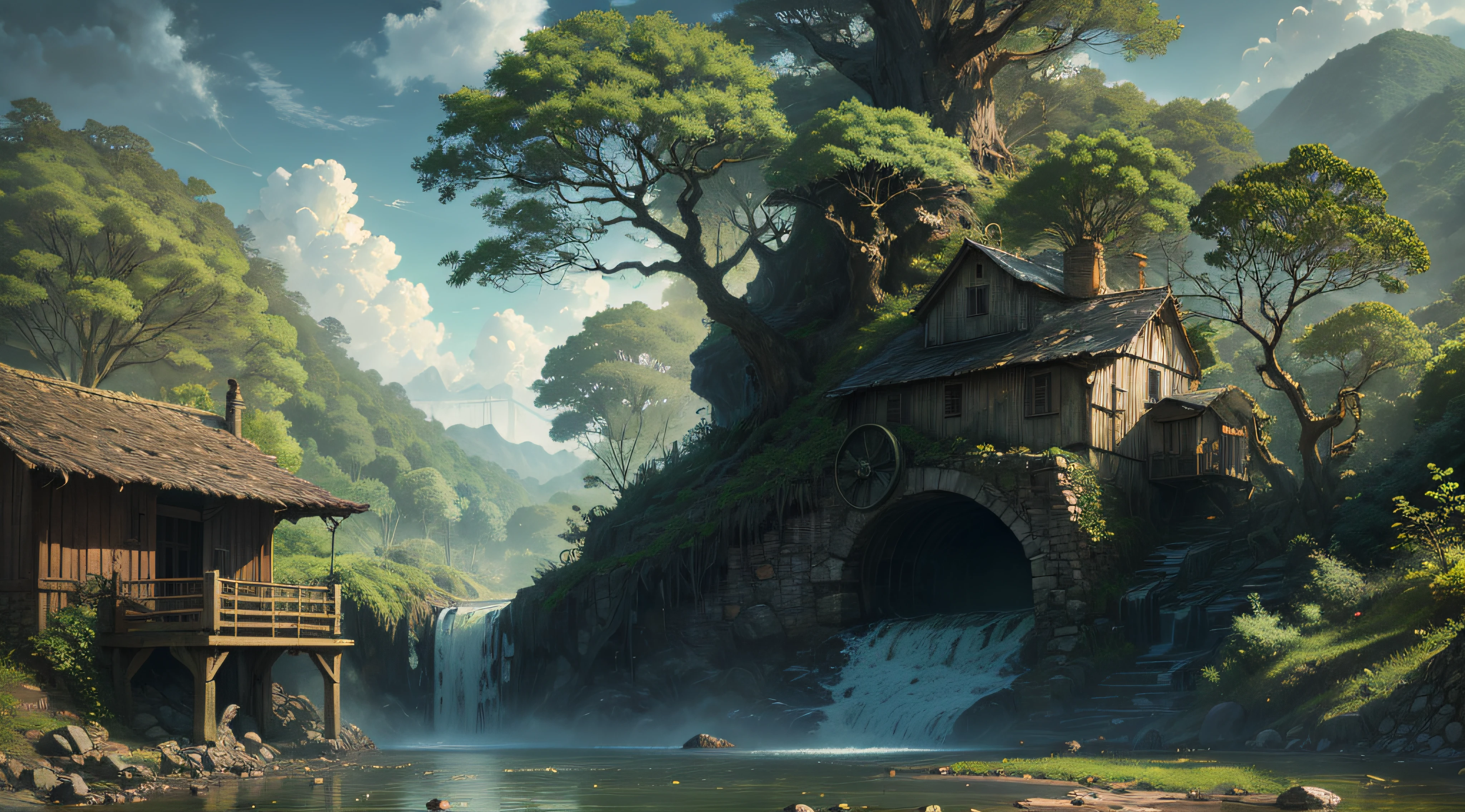 Gigantic colorful trees with many vines, palmeiras, coqueiro, fallen logs, a watermill with a waterwheel, moinho de vento, numa cachoeira exuberante, rio com grandes rochas hiper realista, sky with clouds, sol, lua, global ilumination, profundidade de campo,