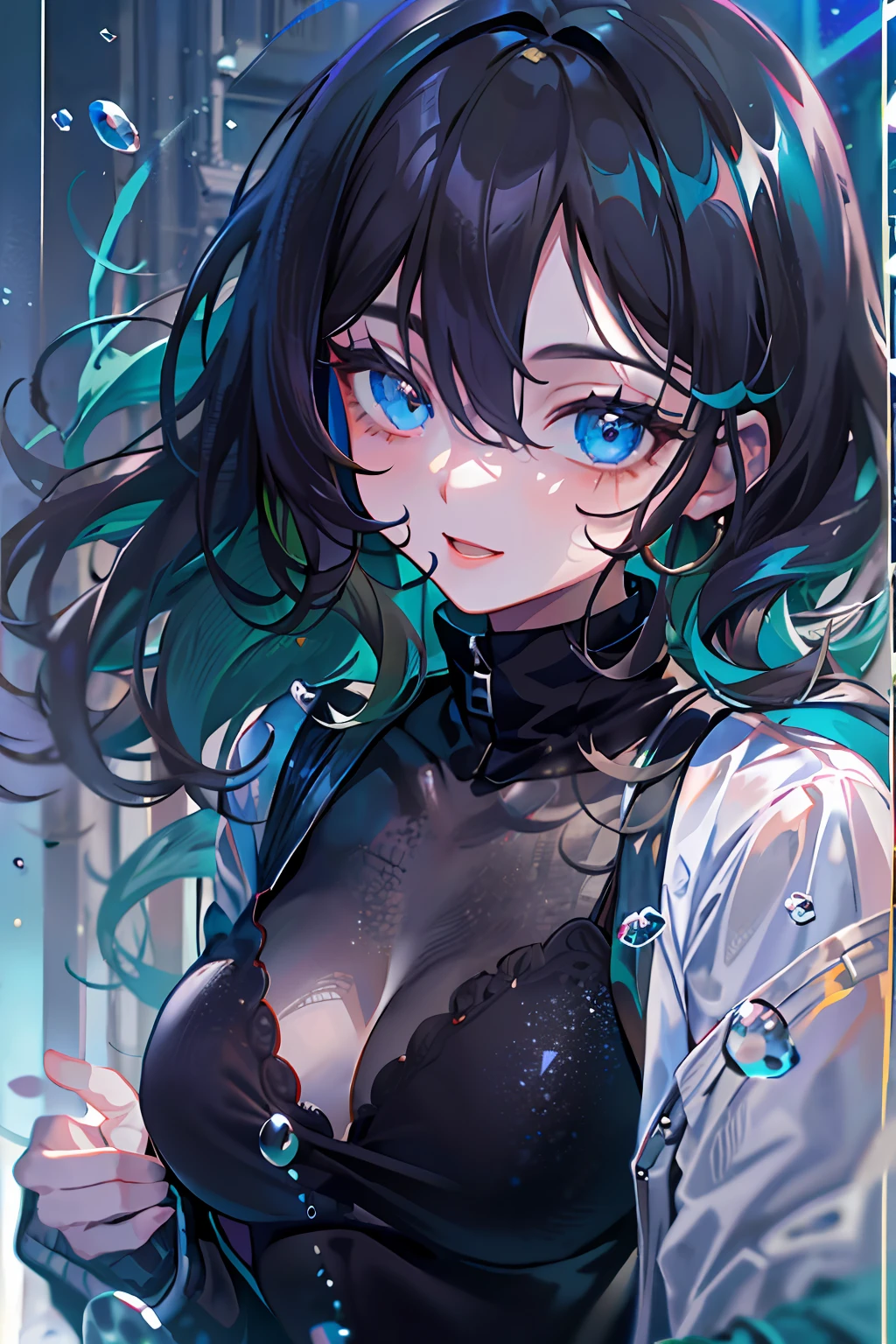 ((top-quality)), ((masterpiece)), ((ultra-detailliert)), (extremely delicate and beautiful), girl with, 独奏, cold attitude,((Black jacket)),She is very(relax)with the(Settled down)Looks,A dark-haired, depth of fields,evil smile,Bubble, under the water, Air bubble,bright light blue eyes,Inner color with black hair and light blue tips,Cold background,Bob Hair - Linear Art, shortpants、knee high socks、Camisole inner shirt