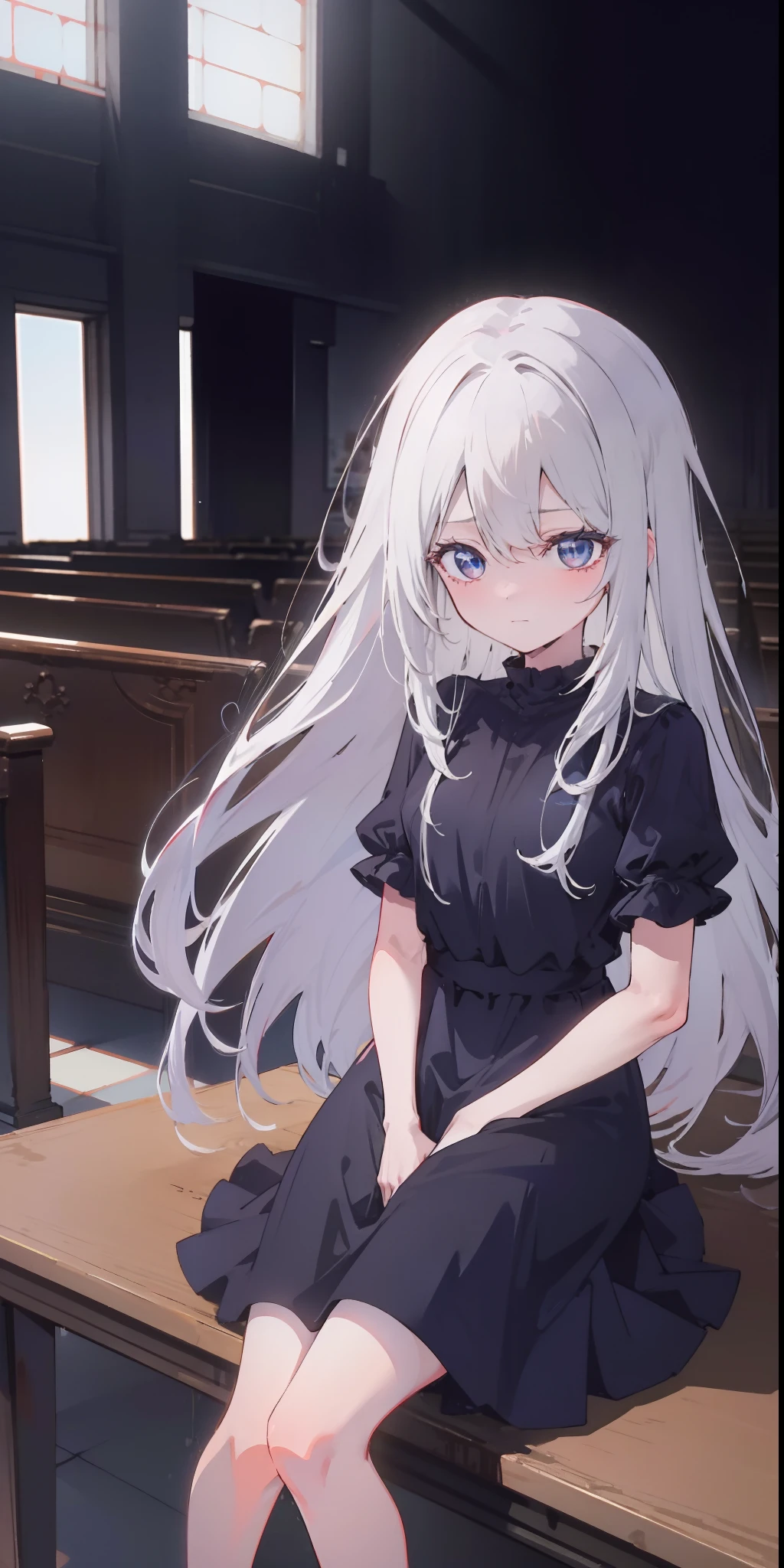 Anime girl with white hair and blue eyes sitting in church，White-haired god，Anime moe art style，ahegao，8k high quality detail art，seductive anime girls，Detailed digital anime art，Lori in dress，[ 4 K digital art]!, Guvitz on the Pixiv Art Station，small curvaceous ****，A black face，Gorgeous white long dress，He looked at me with confused eyes