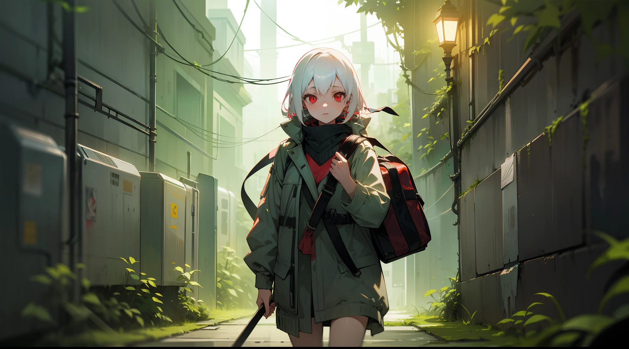 "（High quality wallpapers）（Mist abandoned cyberpunk underground streets，brokenglass、Decoration of moss and vines），Unique lighting effects，Girl with red eyes and white hair，Carrying a bag"