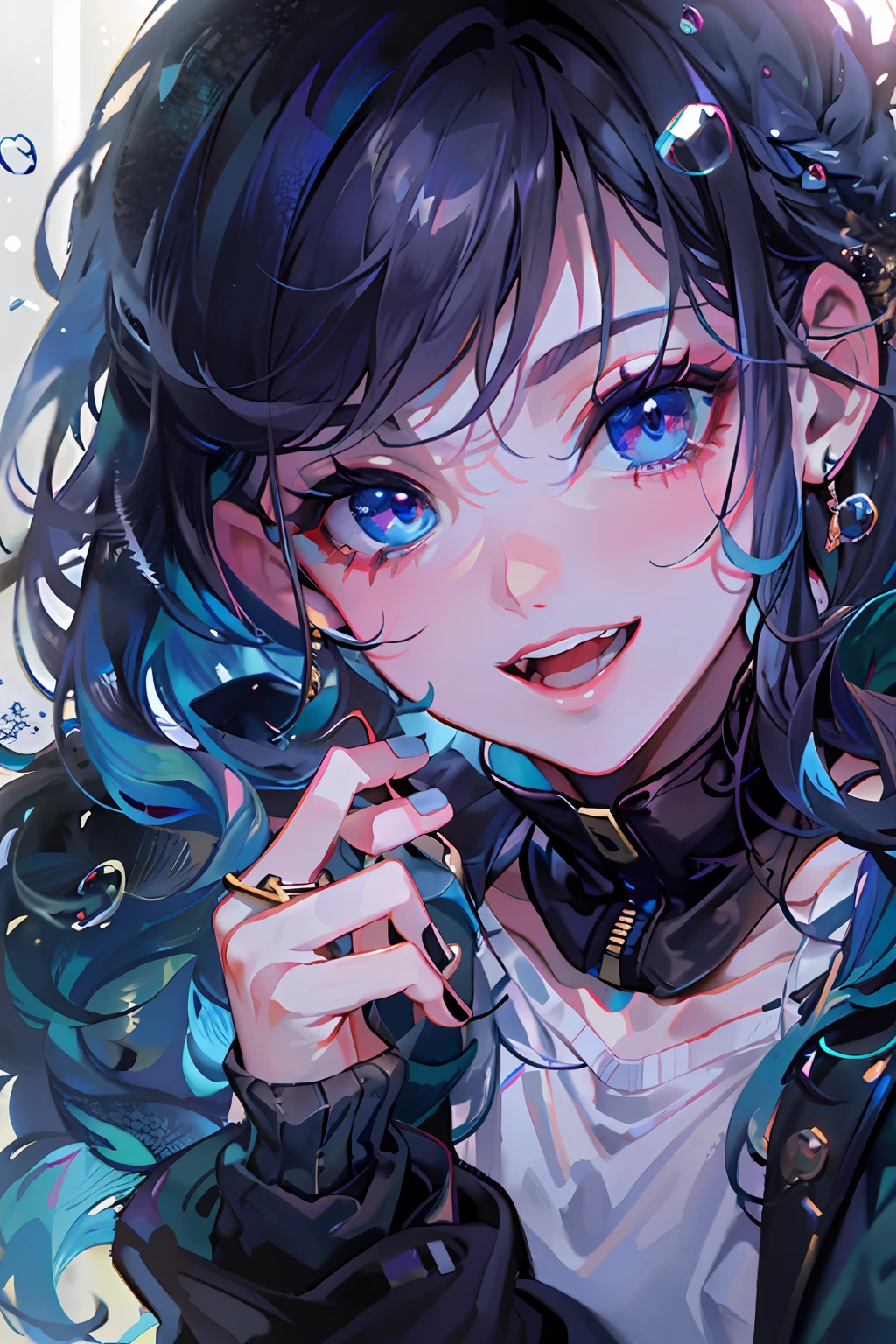 ((top-quality)), ((masterpiece)), ((ultra-detailliert)), (extremely delicate and beautiful), girl with, 独奏, cold attitude,((Black jacket)),She is very(relax)with the(Settled down)Looks,A dark-haired, depth of fields,evil smile,Bubble, under the water, Air bubble,bright light blue eyes,Inner color with black hair and light blue tips,Cold background,Bob Hair - Linear Art, shortpants、knee high socks、Camisole inner shirt