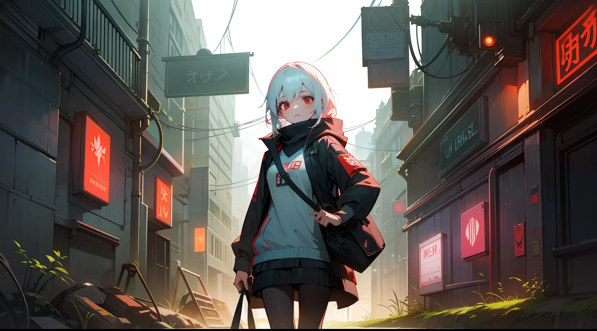 "(High quality wallpapers)(Mist abandoned cyberpunk underground streets,brokenglass、Decoration of moss and vines),Unique lighting effects,Girl with red eyes and white hair,Carrying a bag"