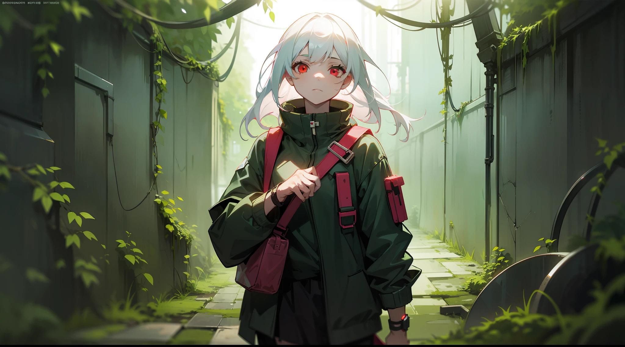 "(High quality wallpapers)(Mist abandoned cyberpunk underground streets,brokenglass、Decoration of moss and vines),Unique lighting effects,Girl with red eyes and white hair,Carrying a bag"