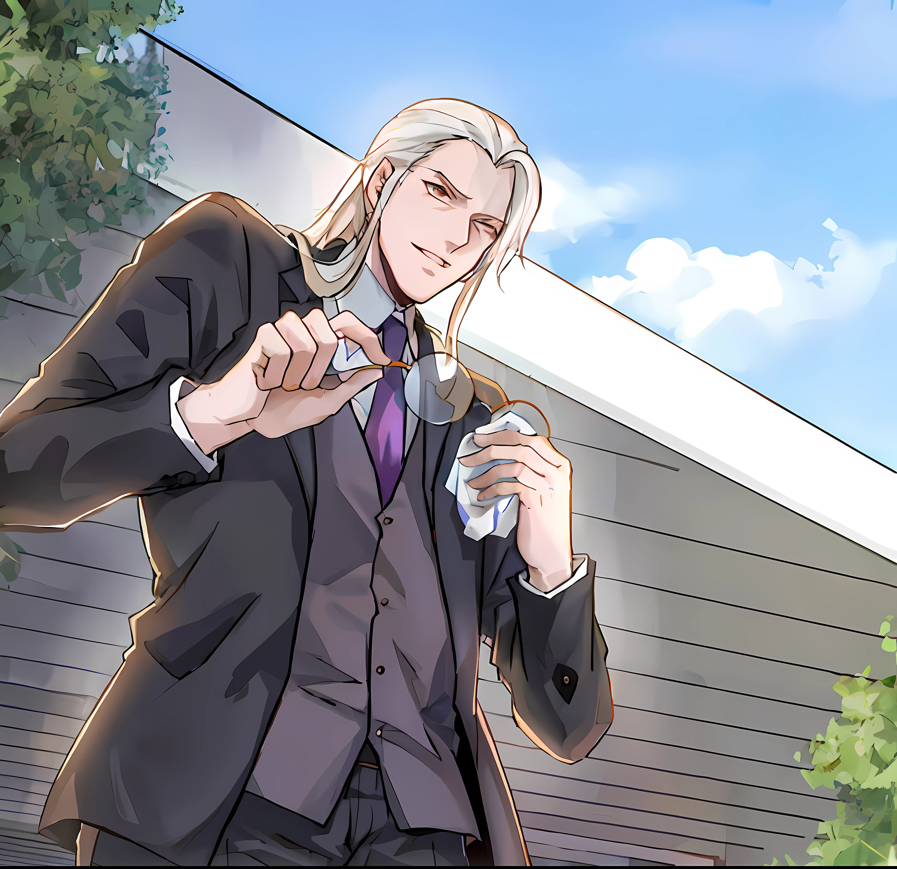 Anime image of a man in a suit wiping glasses with a handkerchief, White hair John Libert, johan liebert mixed with alucard, joe biden as an anime villain, johan liebert mixed with dante, xqc, Handsome anime pose, official fanart, anime joe biden, digital art from danganronpa, Anime handsome man, offcial art, handsome guy in demon killer art
