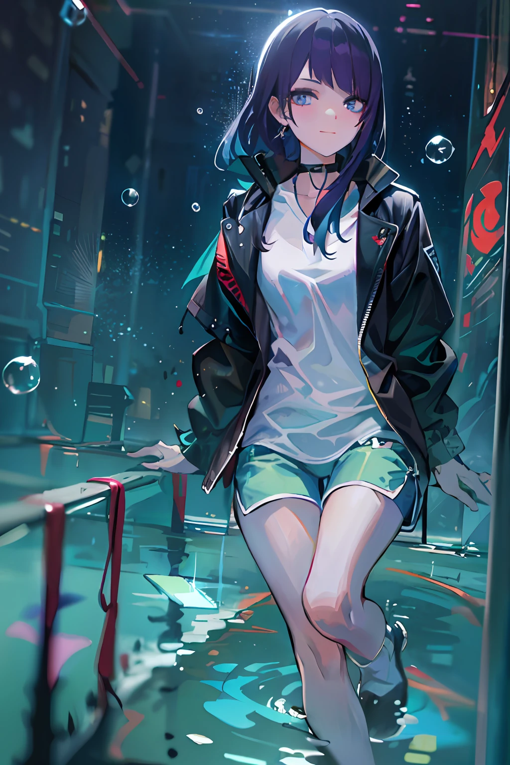 ((top-quality)), ((masterpiece)), ((ultra-detailliert)), (extremely delicate and beautiful), girl with, 独奏, cold attitude,((Black jacket)),She is very(relax)with the(Settled down)Looks,A dark-haired, depth of fields,evil smile,Bubble, under the water, Air bubble,bright light blue eyes,Inner color with black hair and light blue tips,Cold background,Bob Hair - Linear Art, shortpants、knee high socks、Camisole inner shirt