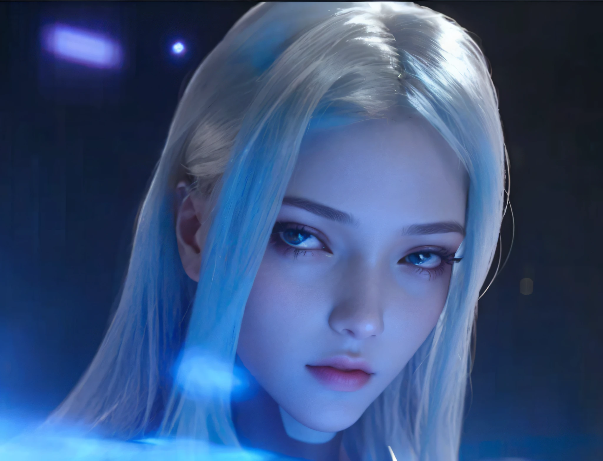 um close up de uma mulher com longos cabelos loiros e uma luz azul, KDA, Tifa Lockhart com cabelos brancos, 8K Artgerm Bokeh, Ciborgue - com cabelo prateado, Eco de Overwatch, Personagem de close up, meninaabelo branco, menina perfe cabelos brancos, rossdraws volumetric lighting, rossdraws global illumination, cinematic goddess close shot