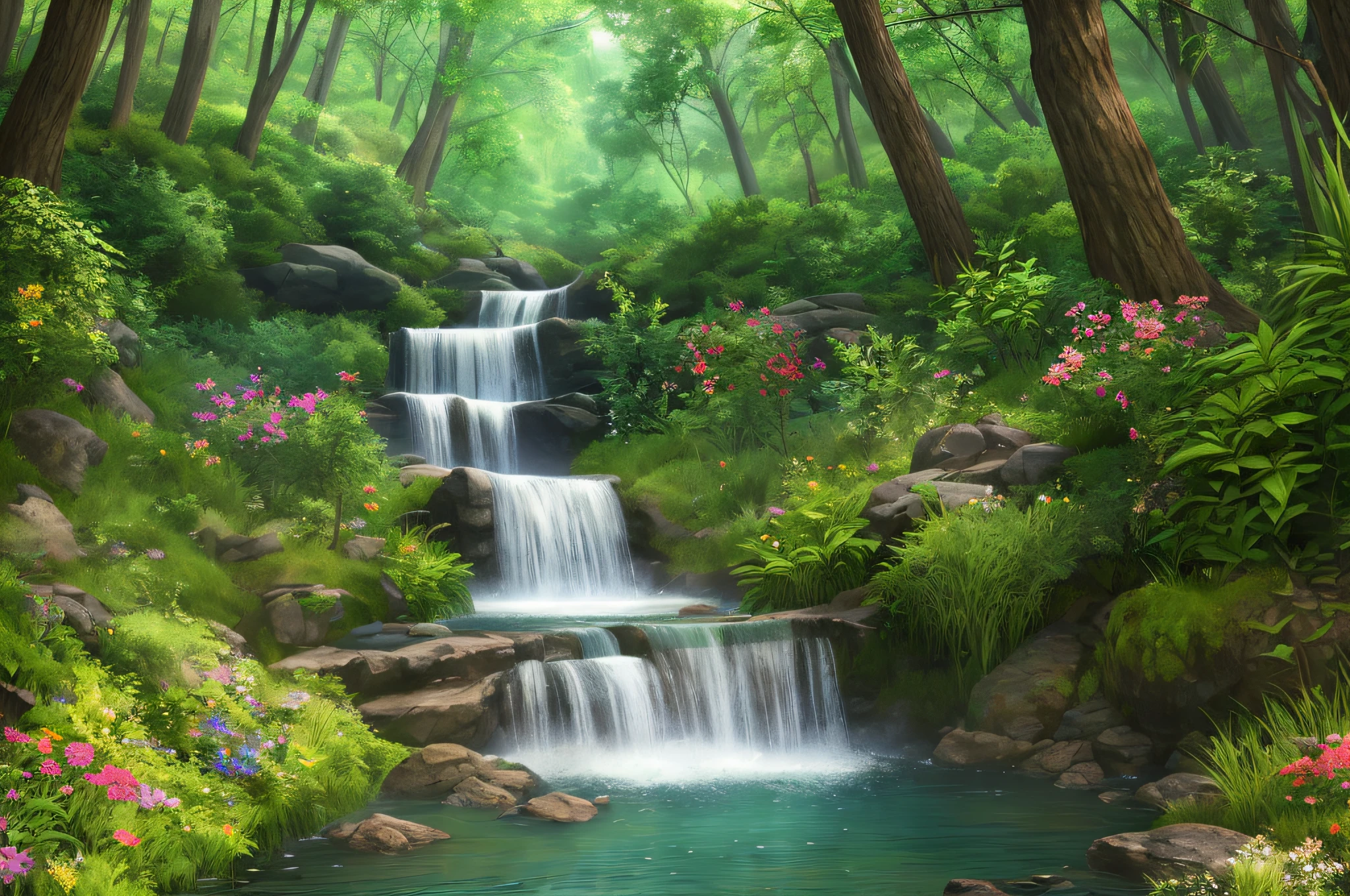 (((masterpiece))), top-quality,ultra-detailliert (extremely detailed CG unity 8k), (top-quality), (The best illustrations), (Best Shadows), Shining waterfalls, Mysterious lake、natta、Forest theme, mystical forest, beautiful forest, naturey,A deer is coming to drink water、fawn、 Delicate leaves and branches surrounded by flowers(nature elements), (Firefly Light), (Particle effect), 3D,Rendering Effects --auto --s2