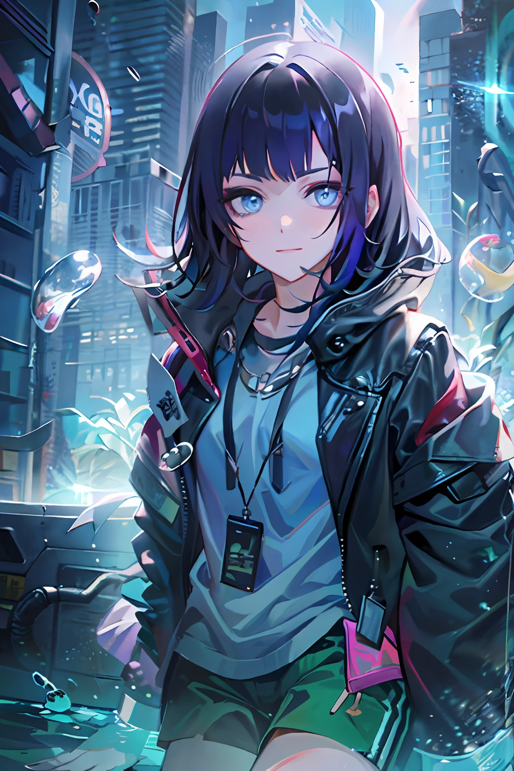 ((top-quality)), ((​masterpiece)), ((ultra-detailliert)), (extremely delicate and beautiful), girl with, 独奏, cold attitude,((Black jacket)),She is very(relax)with  the(Settled down)Looks,A dark-haired, depth of fields,evil smile,Bubble, under the water, Air bubble,bright light blue eyes,Inner color with black hair and light blue tips,Cold background,Bob Hair - Linear Art, shortpants、knee high socks、Camisole inner shirt