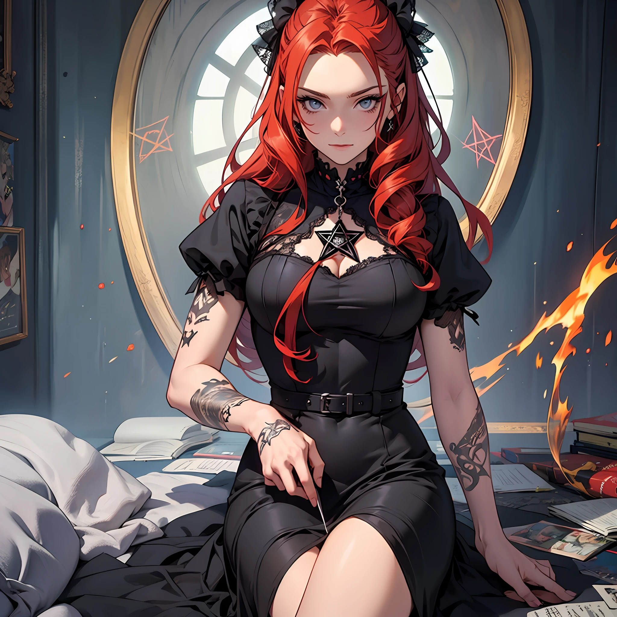Gothic Redhead With Pentagram Tattoo On Neck Anime Woman Black Dress --auto